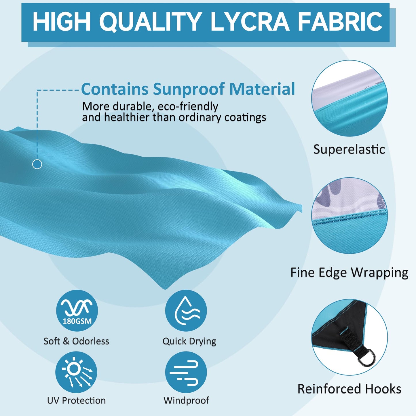 VILLEY sun tent 2m x 2.4m Blue, UPF50+ UV protection Lycra beach tent for 3 people, beach umbrella with sandbag and 2 support poles for picnic, fishing, sun protection.