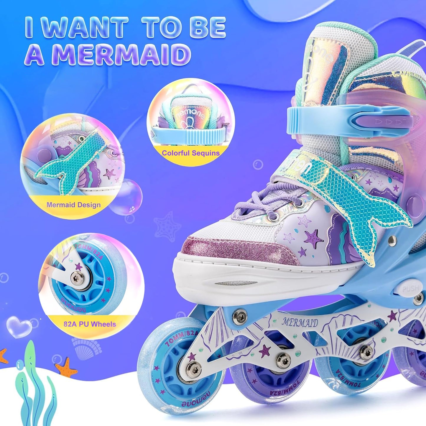 NEMONE inline skates for girls, adjustable in 4 sizes, blue purple inline skates for kids indoor outdoor girls children