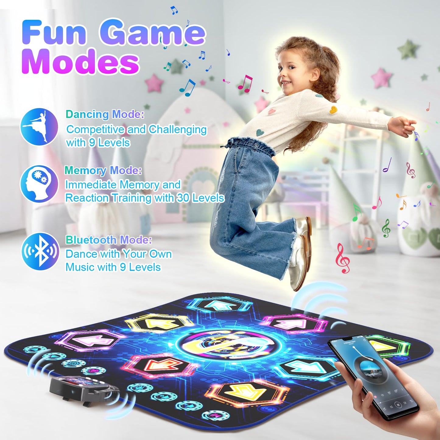 Dance mat for kids ages 3-12, 2025 Glow 8 Button Dance Mat with Bluetooth, Enhanced Flowing Light Control System with Stand, Toy Gift Girls 3 4 5 6 7 8 9 10 11 12 years