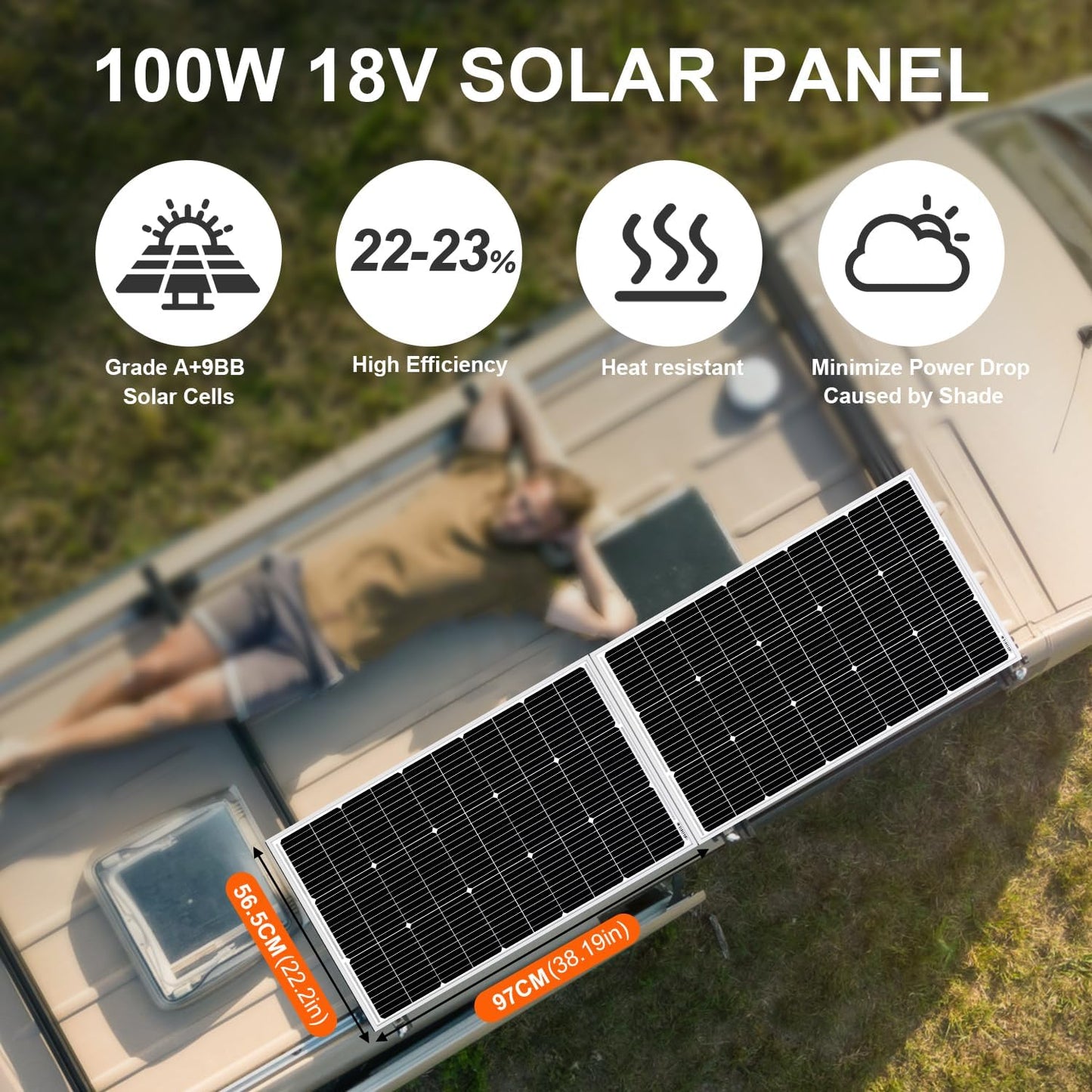 DOKIO Solar Panel 100W 2PCS (200W) 18V Monocrystalline (High Efficiency) For 12V Car Battery, AGM, Gel Battery ideal for RV, Camping, Garden House