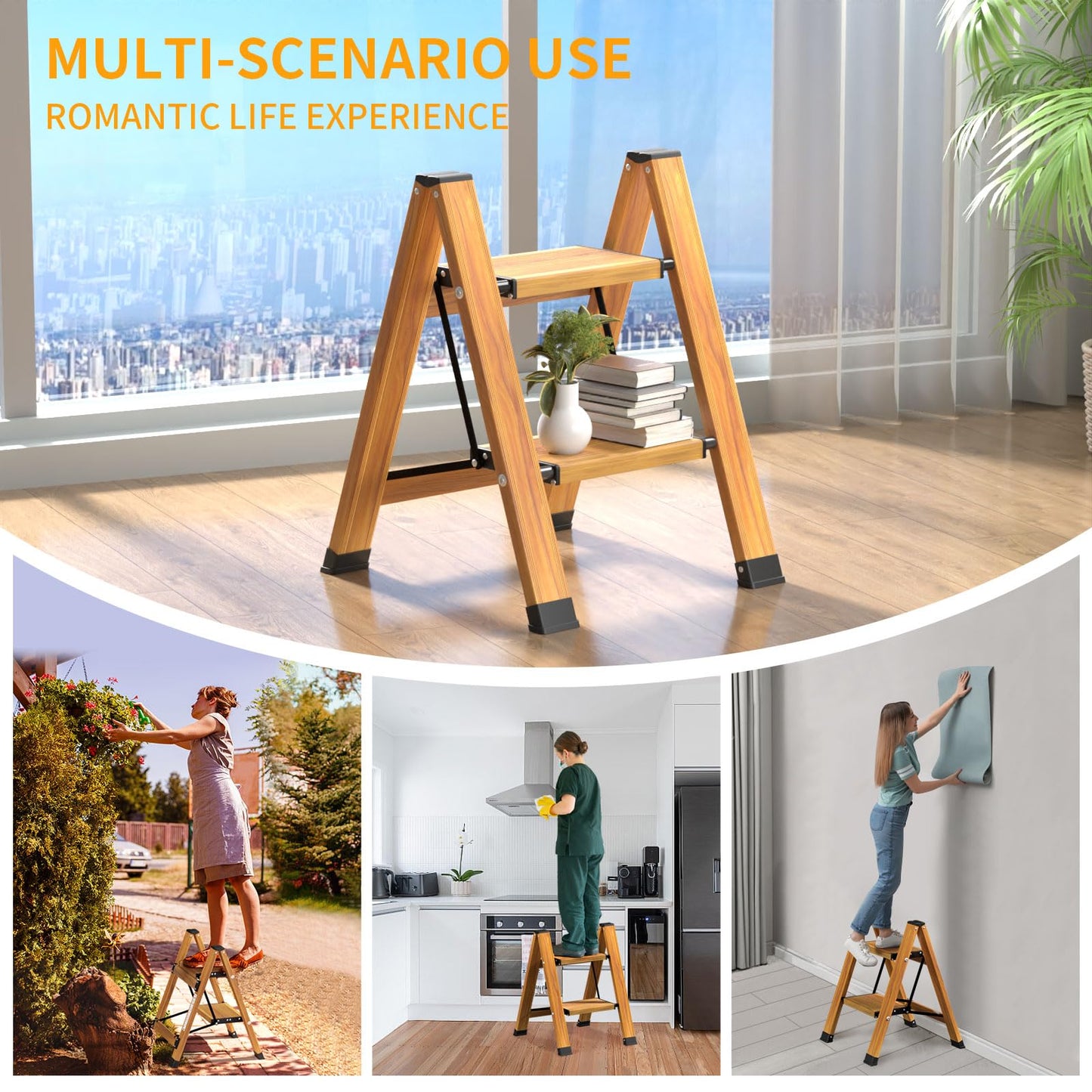 KULACO Folding 2 Step Ladder, Aluminum Foldable Ladder, Portable Step Ladder, Non-Slip Household Ladder, Multifunctional Ladder with Wood Grain Design for Home and Camping, Supports up to 150 kg.