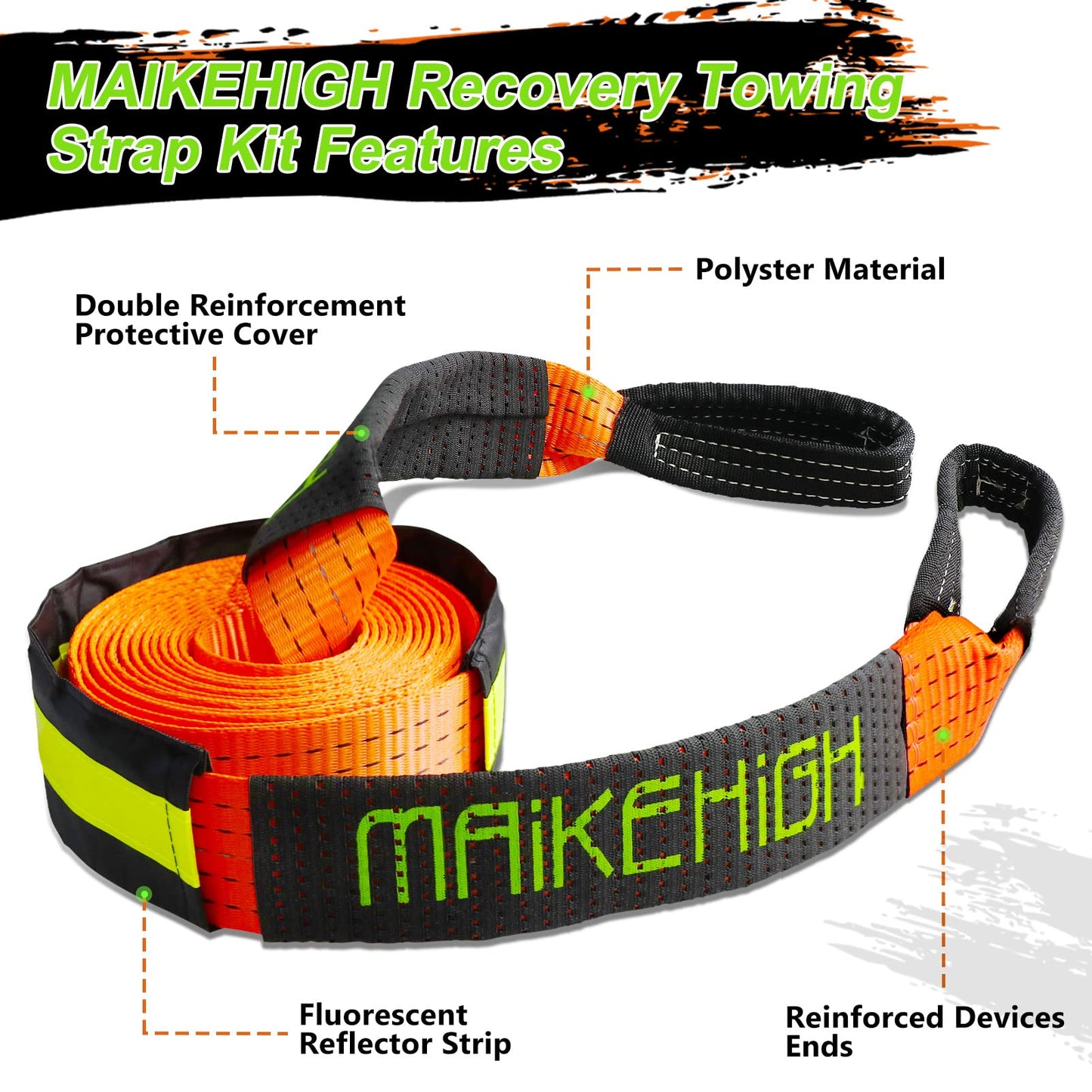 MAIKEHIGH Tow Strap 5M x 5cm, 10 Tonnes (22,000 Lbs) Polyester Tow Rope Kit For Off-Road Recovery With 2 Reinforced Hooks and 2 Gloves.
