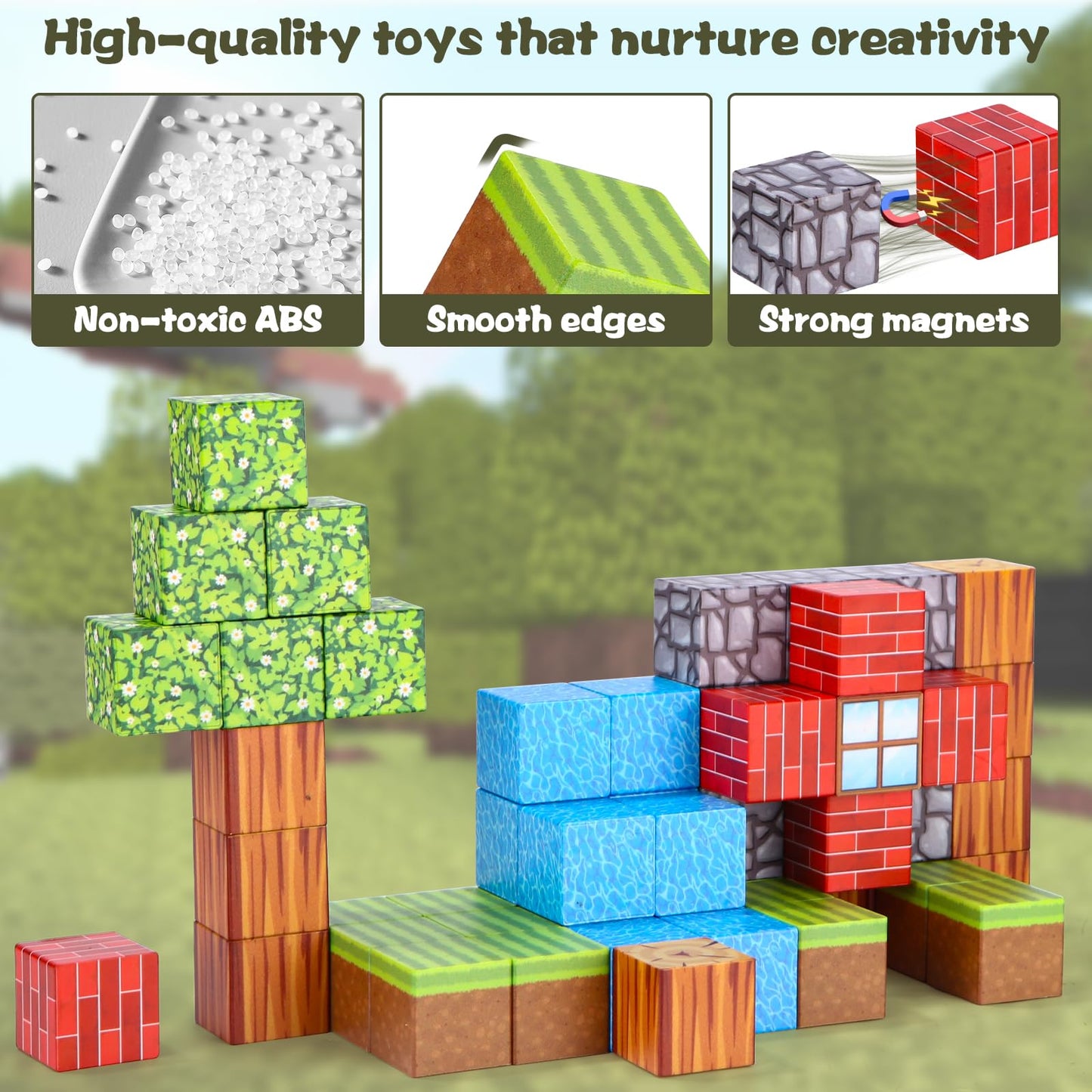 Azyvum Magnetic Building Blocks, 64 Pieces Magnetic Building Blocks for Kids, Forest World Montessori Sensory Cube for Toddlers, Magnetic Birthday Gifts for 3-10 year old boys and girls.