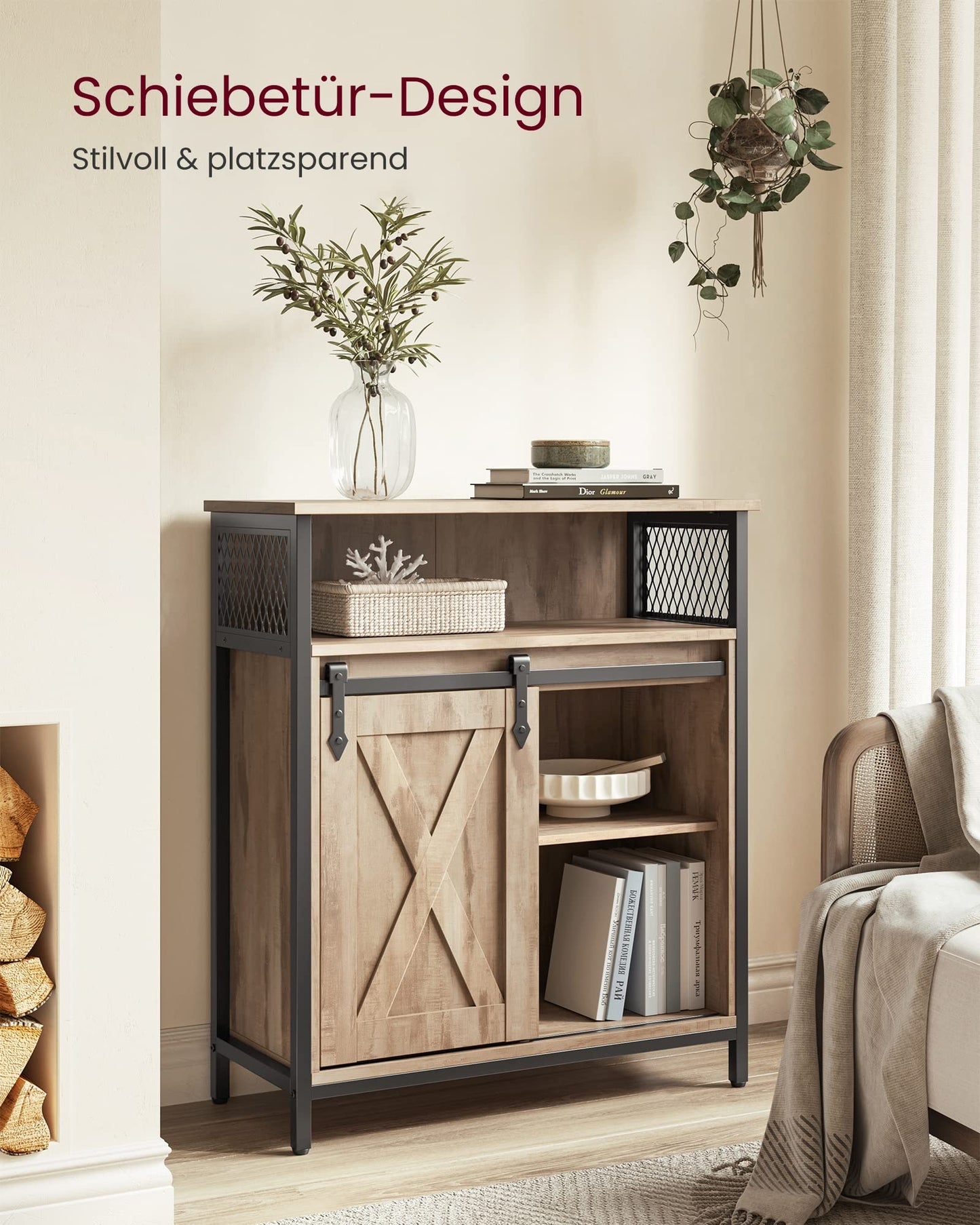 VASAGLE sideboard, kitchen cabinet, storage cabinet, with sliding door, 30 x 70 x 80 cm, adjustable shelf, open compartment, country style, for living room, oak brown-black LSC089B50