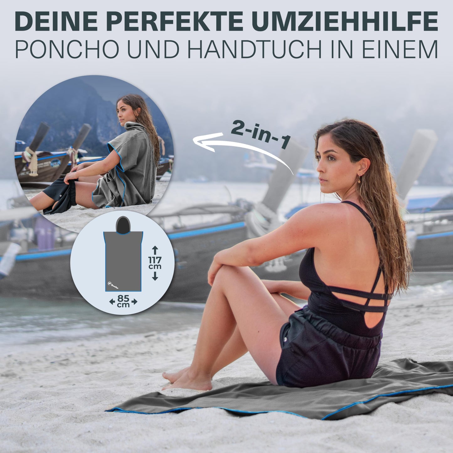 NirvanaShape adult towel poncho, perfect for changing and drying off, with quick-dry function. Great for surfing, camping, sauna, snorkeling, and the beach while traveling.