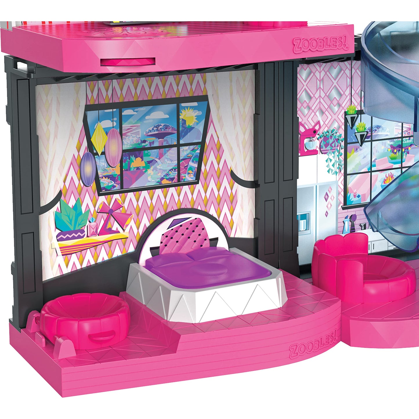 Zoobles Magic Mansion dream house with 6 rooms, slide, and accessories.