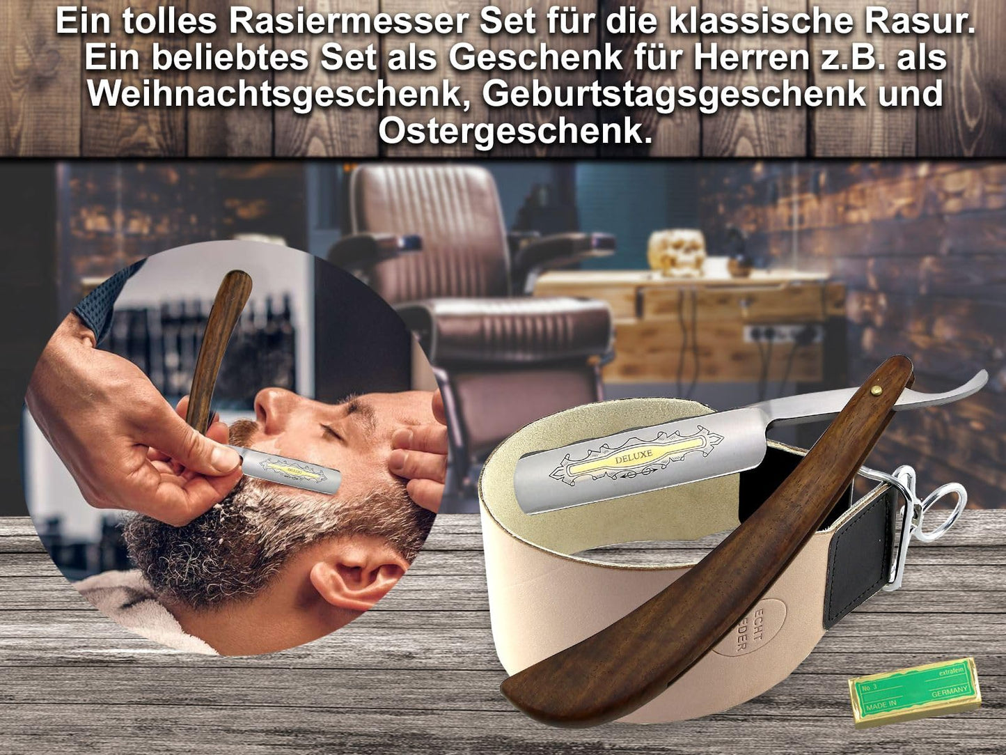 Father's Lord Gift Straight Razor Set for Beginners with Solingen Paste and Extra Wide Professional Strop