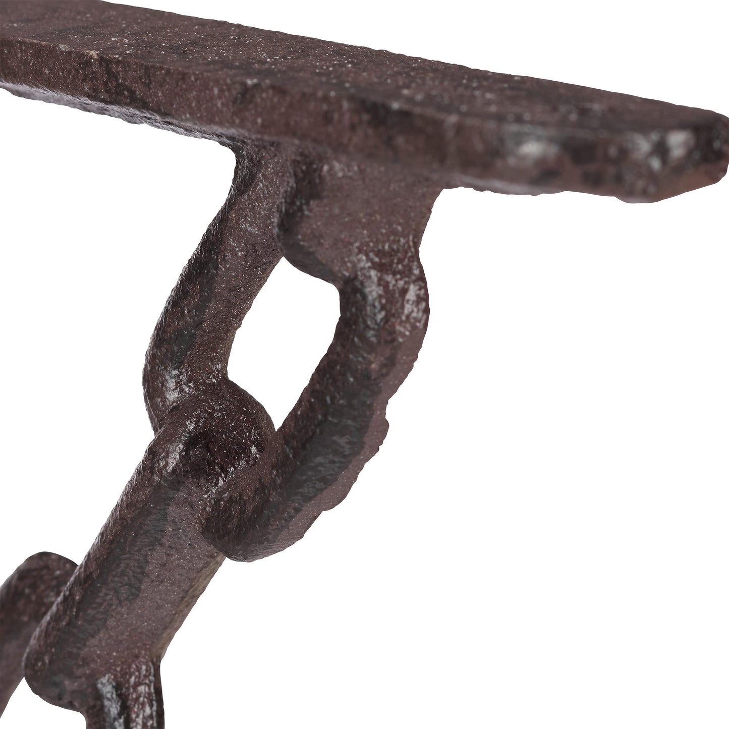 8 x Antique-style cast iron shelf brackets, featuring a unique chain design. These wall mounts are perfect for supporting shelves in a rustic brown finish.