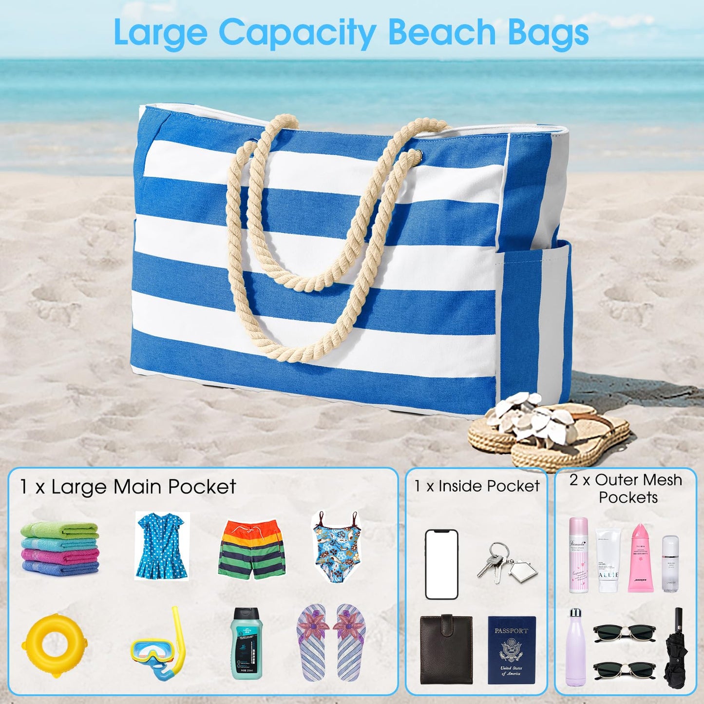 oscaurt beach bags for women, Large Waterproof Beach Bag with Zipper Beach Bags Waterproof Sandproof Swim Pool Bag Large Tote
