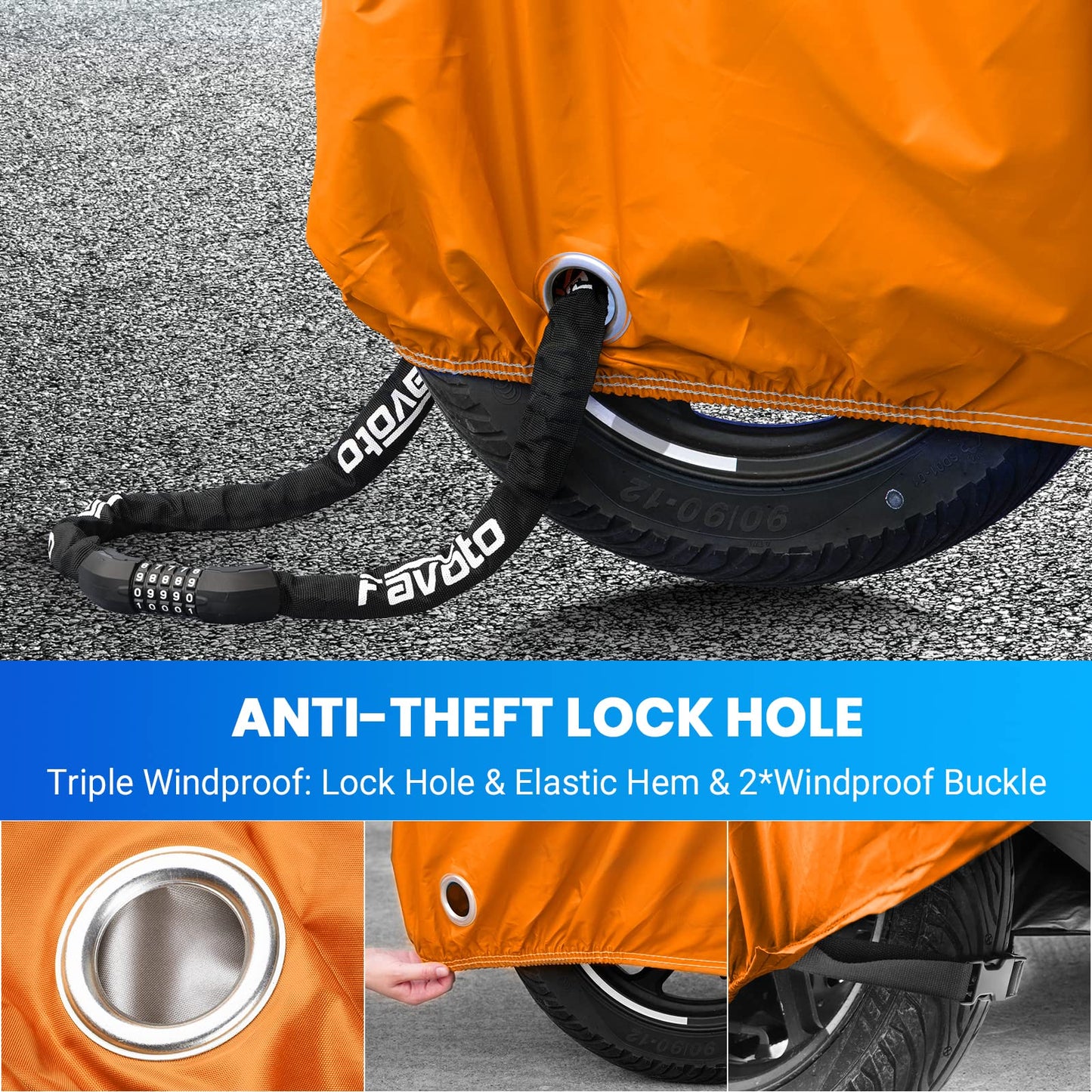Favoto Upgraded Waterproof Motorcycle Cover Outdoor Motorbike Garage Scooter Cover Windproof Orange-Black XXXL with 2 Buckles.