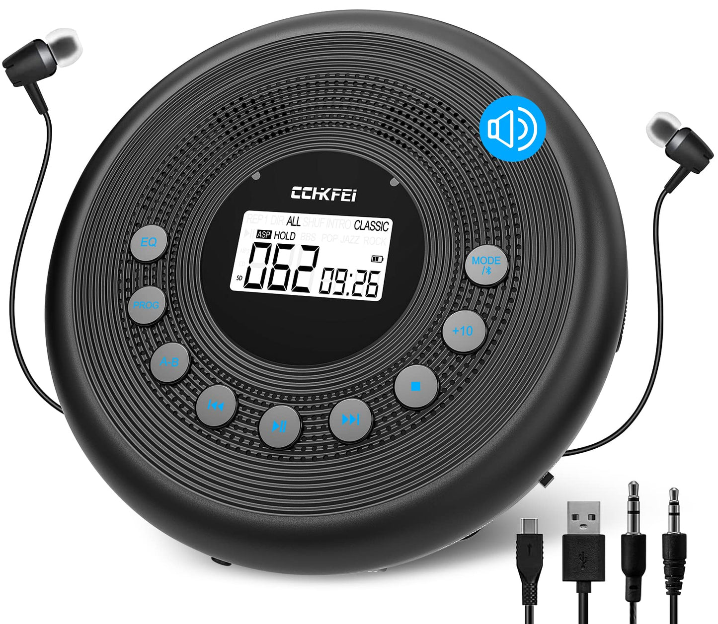 Portable CD Player Bluetooth with speakers, rechargeable 1400mAh portable CD player with shockproof/anti-skip protection, headphones and AUX cable, for car, home & travel.