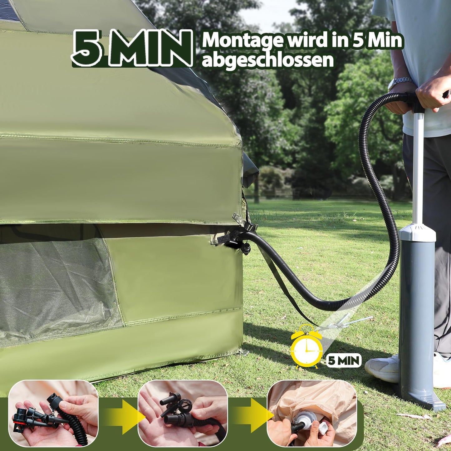 Inflatable camping tent, 420D Oxford Glamping Inflatable tent for camping with fireplace opening & roof window, 4 Season Windproof Anti-UV Oxford Cabin tent with mesh windows & doors for 6-12 people.