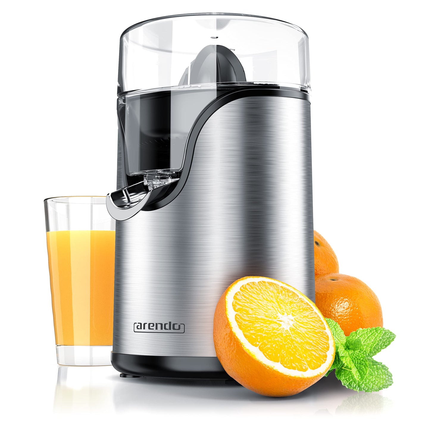 Arendo - Electric stainless steel lemon squeezer - Juicer, orange squeezer, lime squeezer - Start-stop automatic function - large and small juicing cones - strainer insert - BPA free