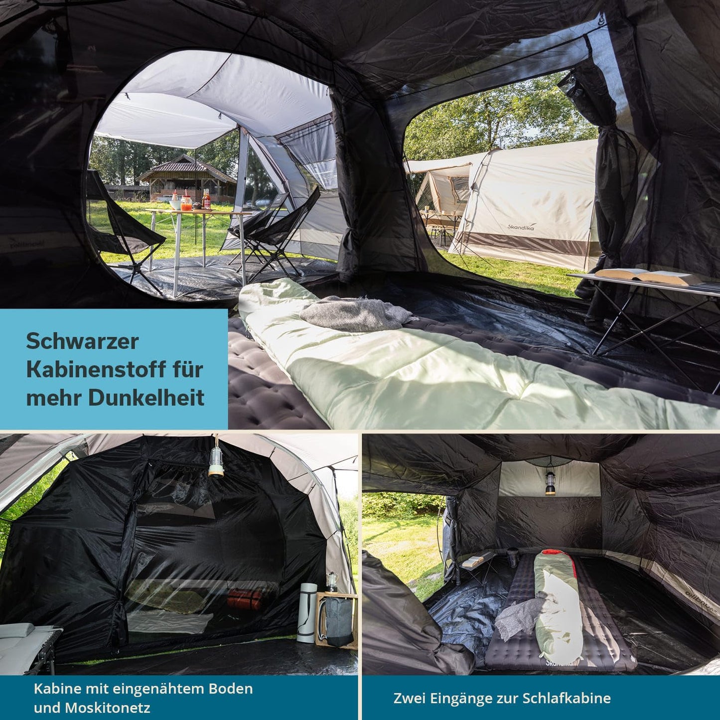 Skandika Kambo tunnel tent for 4 people | tent with sleeping cabin for 4 men, waterproof with 3000mm water column, 3 entrances, sunshade, awning | camping tent in grey/beige