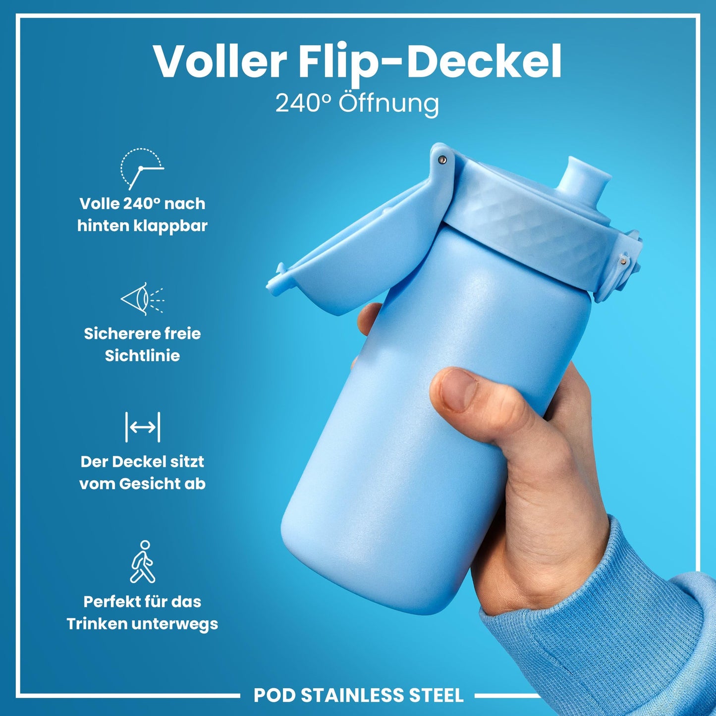 ion8 Kids Water Bottle, Stainless Steel Light 400ml, Not Insulated, Leak Proof, One-Hand Opening, Secure Locking, Dishwasher Safe, Foldable Lid, Handle, Easy to Clean, Alaska Blue