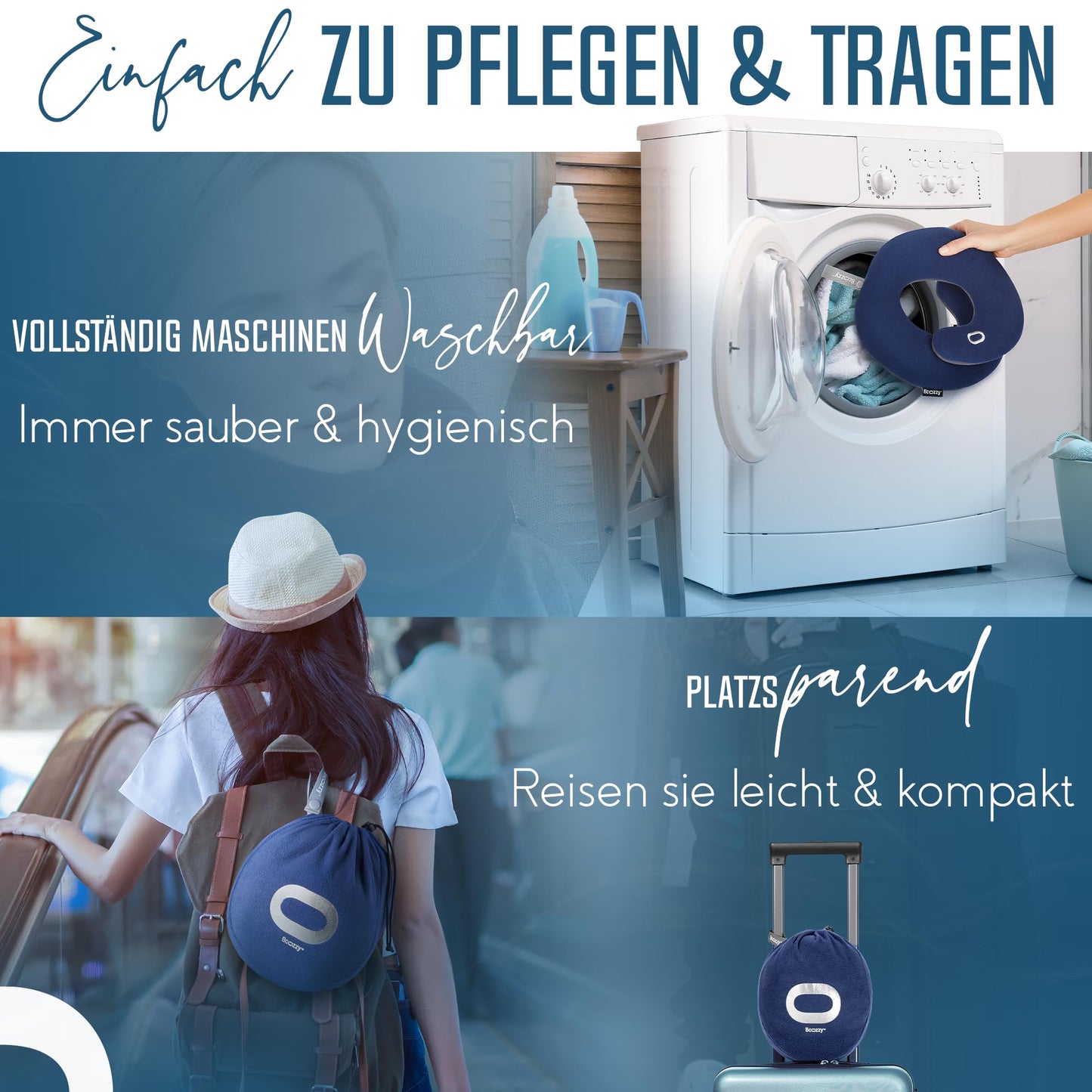 BCOZZY Neck Pillow for Airplane - Patented travel pillow with dual support for head, neck, and chin. Perfect for long flights and car rides. Adjustable. Washable. Includes carrying case. XL, Blue.