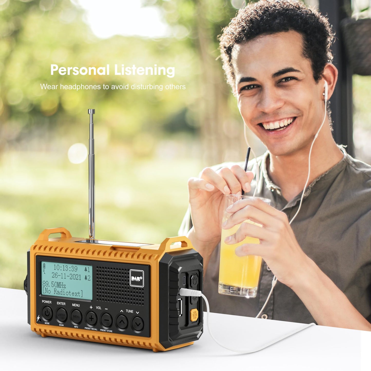 Crank radio with 5000mAh battery, portable solar radio with LED flashlight & reading light, DAB+ jobsite radio IPX4, emergency radio and SOS alarm. Suitable for hiking, camping, outdoor activities. Yellow DAB model.