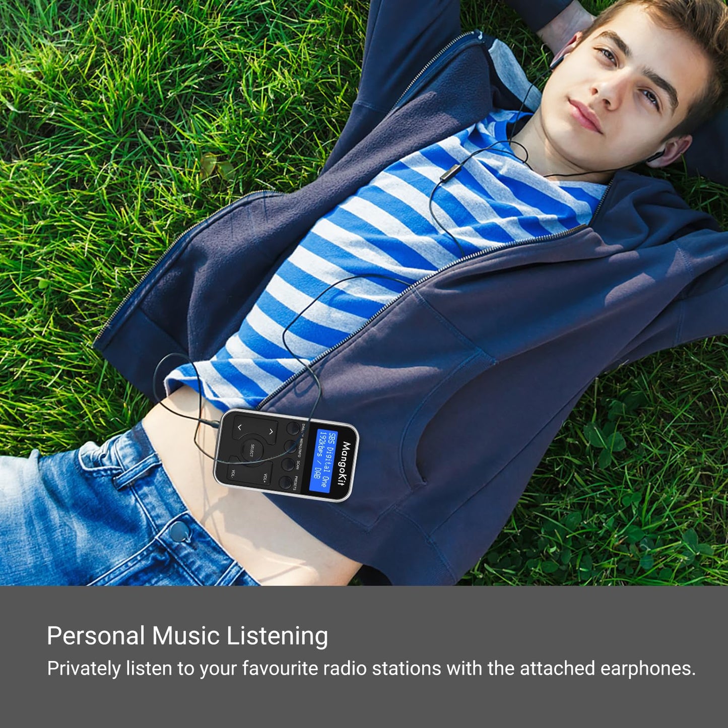 MangoKit MP1 Small Portable Mini DAB/DAB+/FM Radio, Digital Pocket Radio with Headphones, Rechargeable Battery for Sports, Running, Walking, Jogging, or Cycling - Black