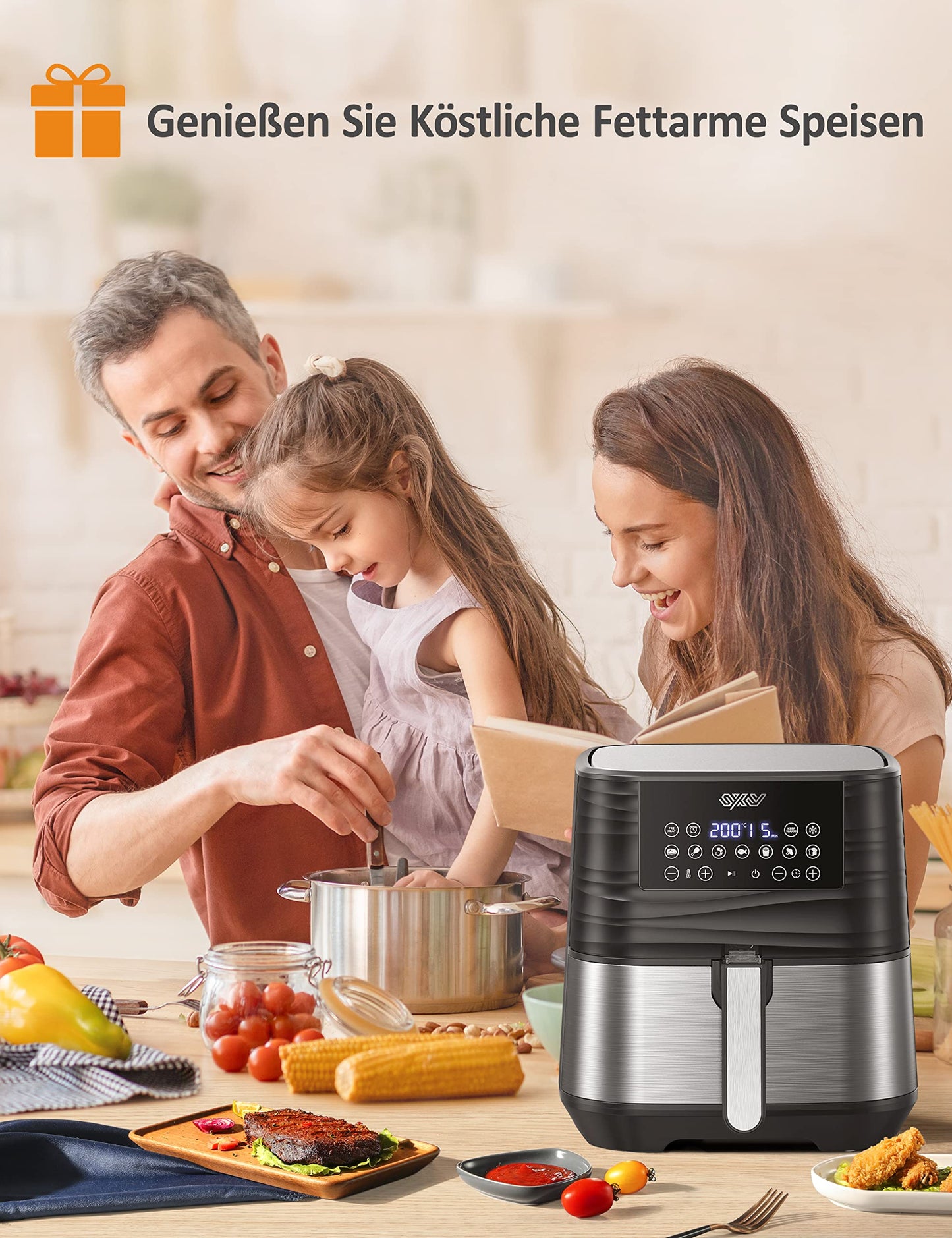 Innsky hot air fryer 5.5L XXL, 1700W hot air fryer with digital LED touchscreen and 7 programs, preheat & keep warm & defrost, air fryer without oil with recipe book in German.