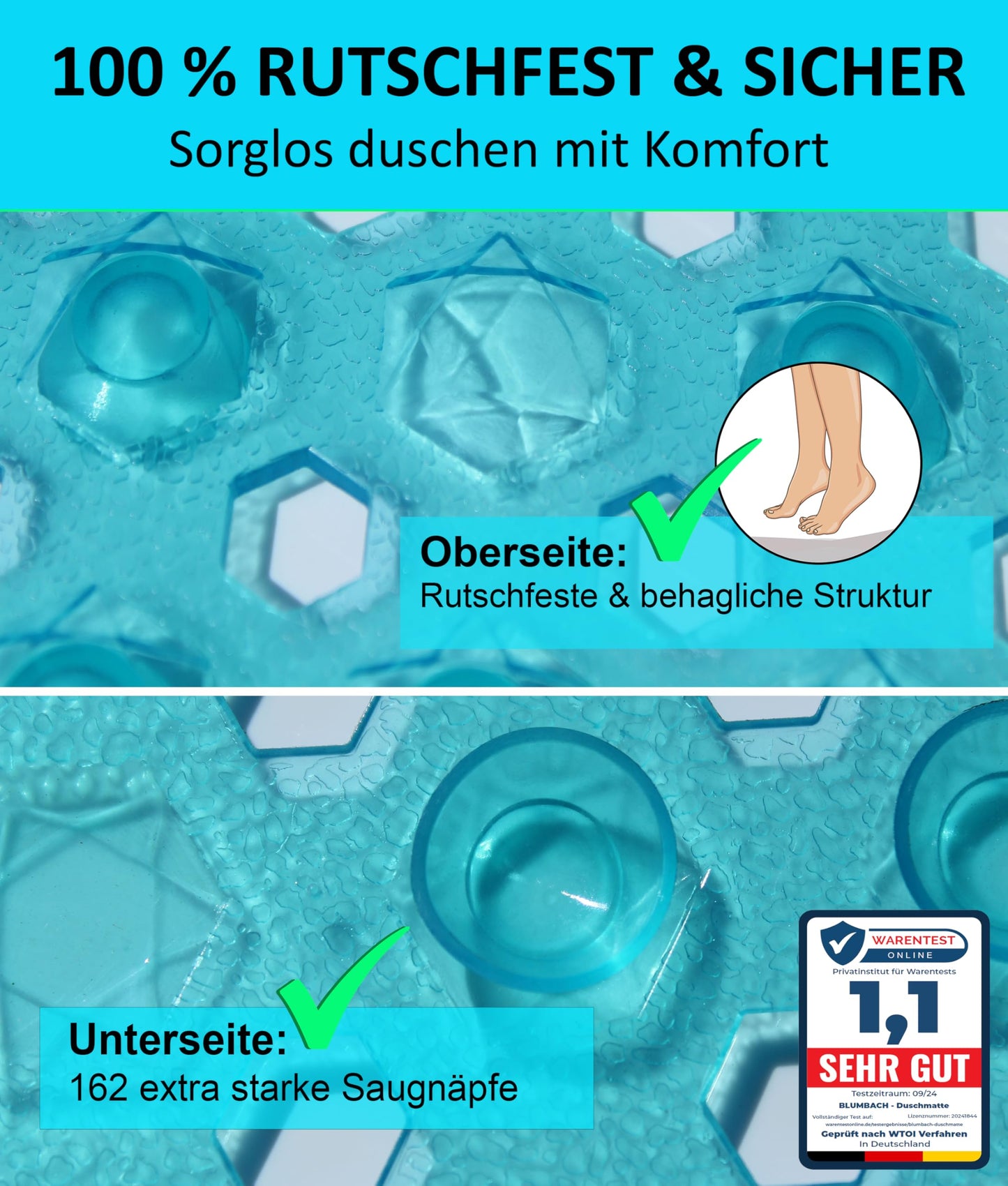 Blumbach® Non-Slip Shower Mat 53x53cm - 100% BPA-free - Includes 2 hooks for hanging - non-slip grip shower & bathtub mat, shower insert, mold-resistant & machine washable.