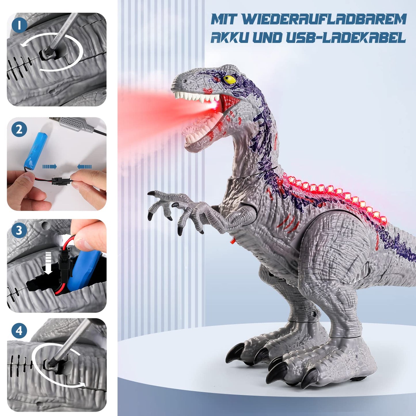 BAZOVE Remote Control Dinosaur Toy, 2.4GHz Electronic RC Velociraptor Dino Toy with 360° Spin Stunt, Spray function, Roaring and LED Light, Gift for Boys Girls 3+ Years