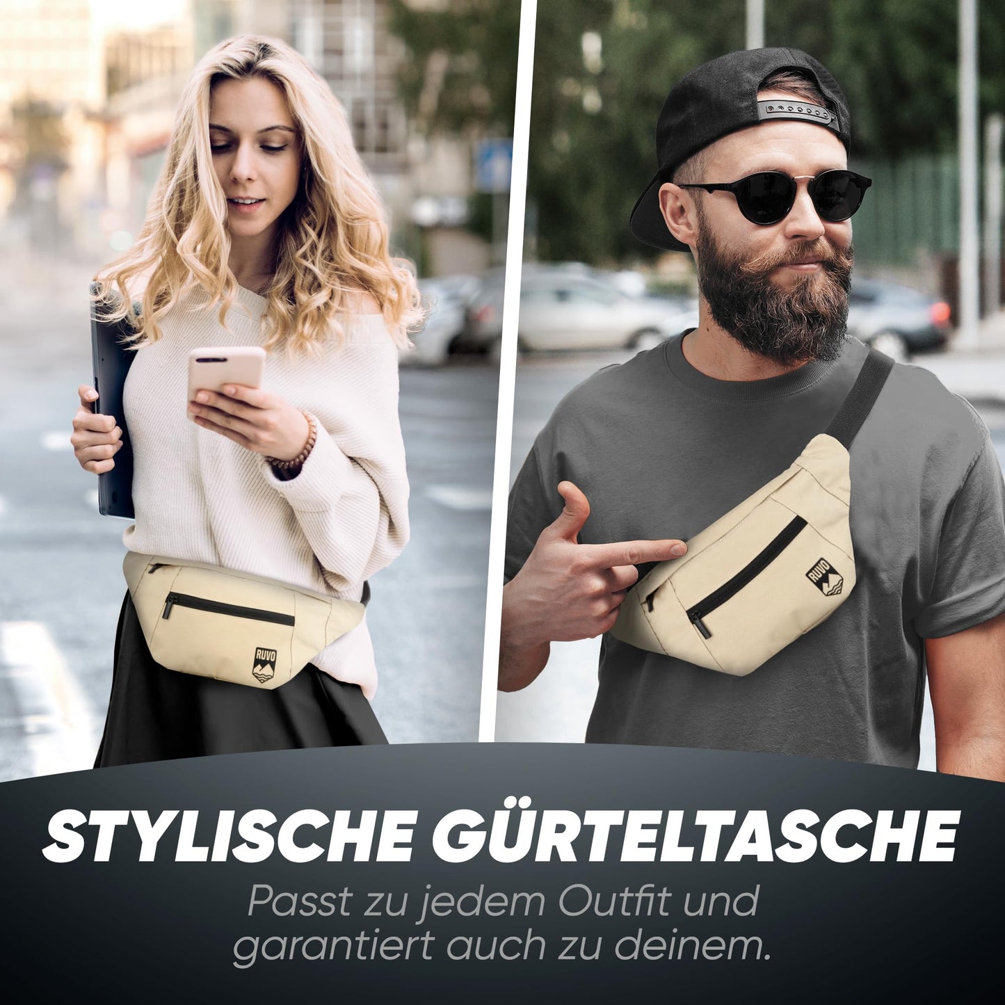 RUVO® Waist Bag for Men and Women | stylish fanny pack with maximum storage space | 4 compartments each with zipper | suitable for all activities.