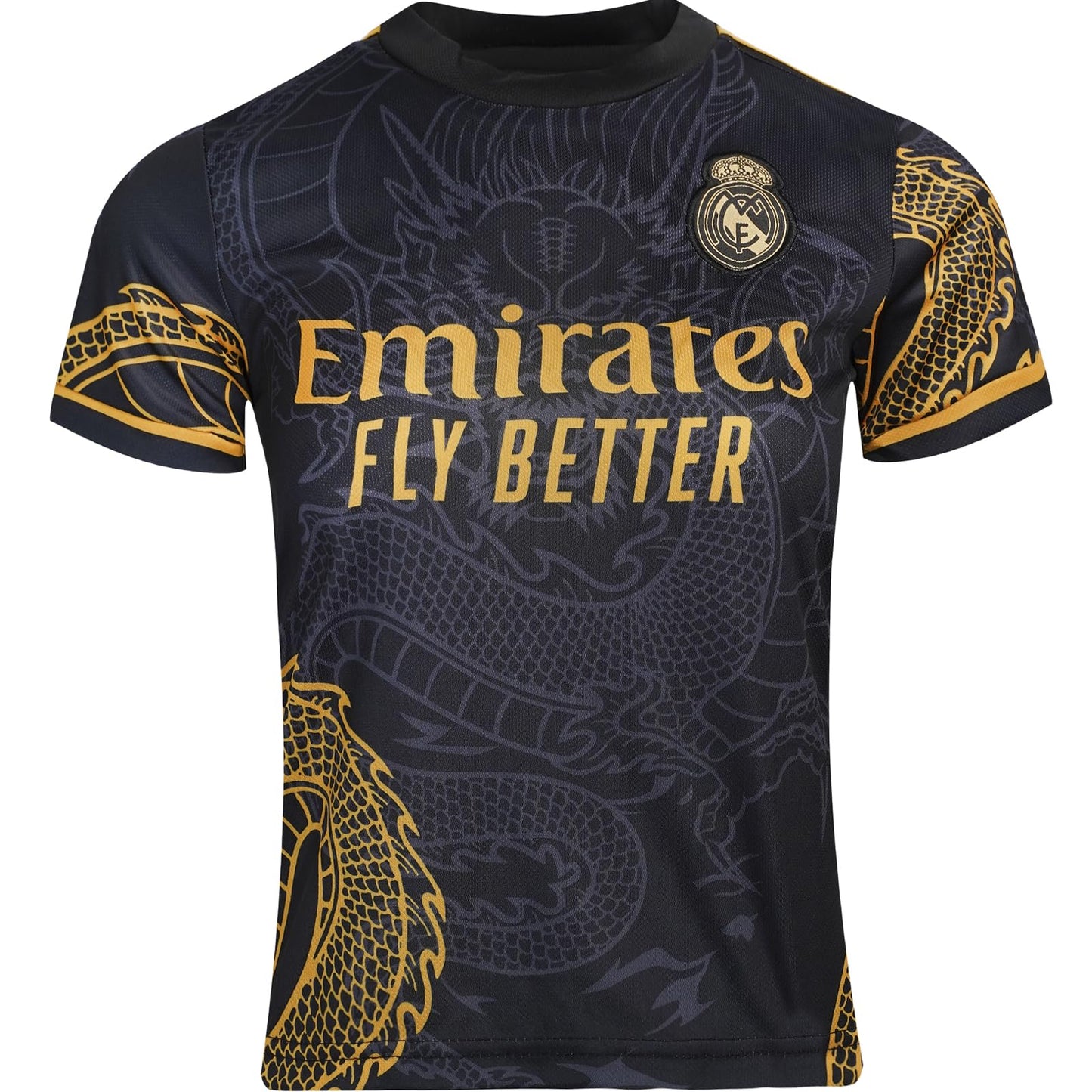 BlackAzat 2023/2024 Madrid #7 Vini Jr. Vinicius Kids Soccer Jersey Special Golddragons Edition, Shorts Socks Youth Sizes (Black, 24)