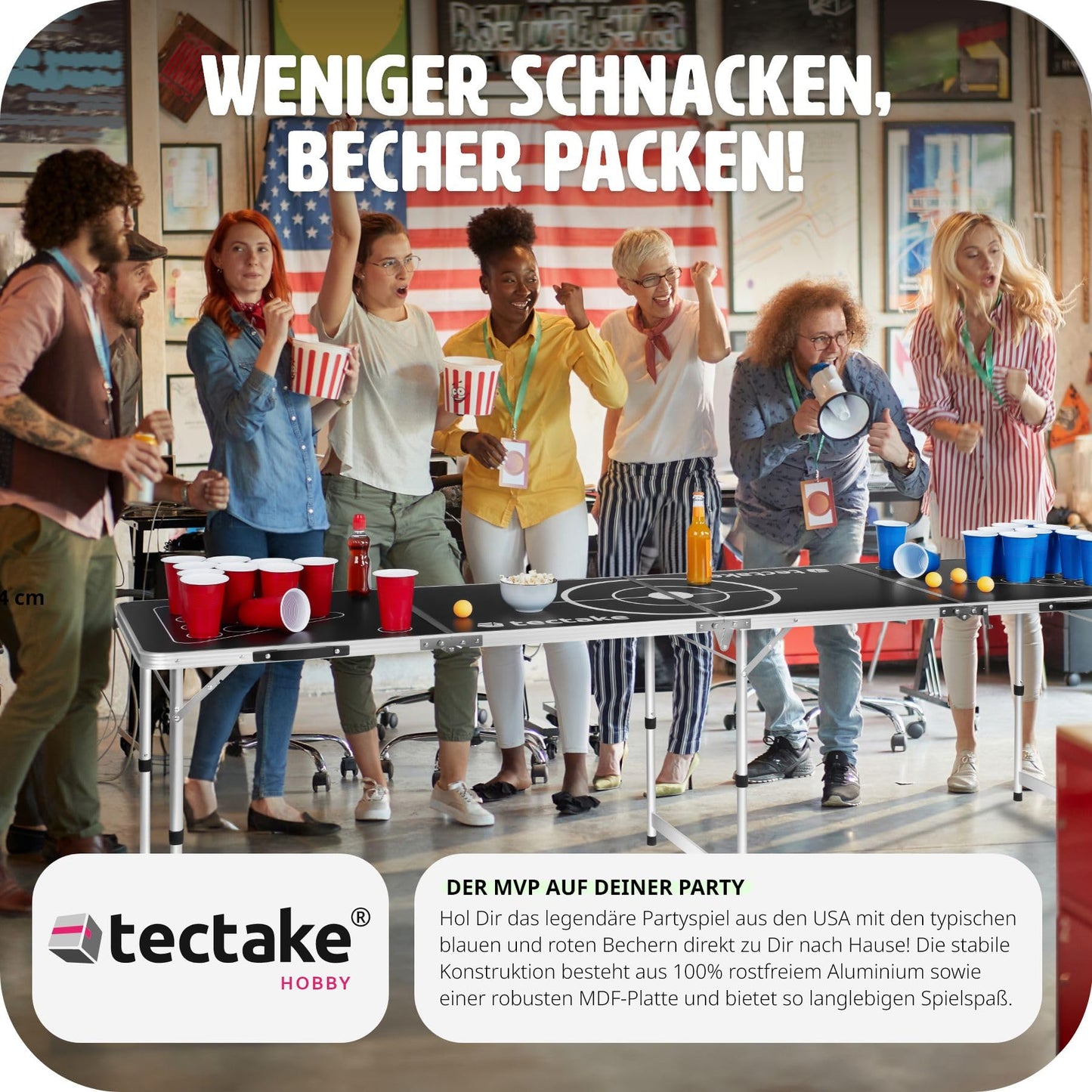 tectake® Beer Pong Table, includes 100 cups (50 red & 50 blue) and 6 balls, adjustable height, foldable table with carrying handles, adult party games, drinking game.