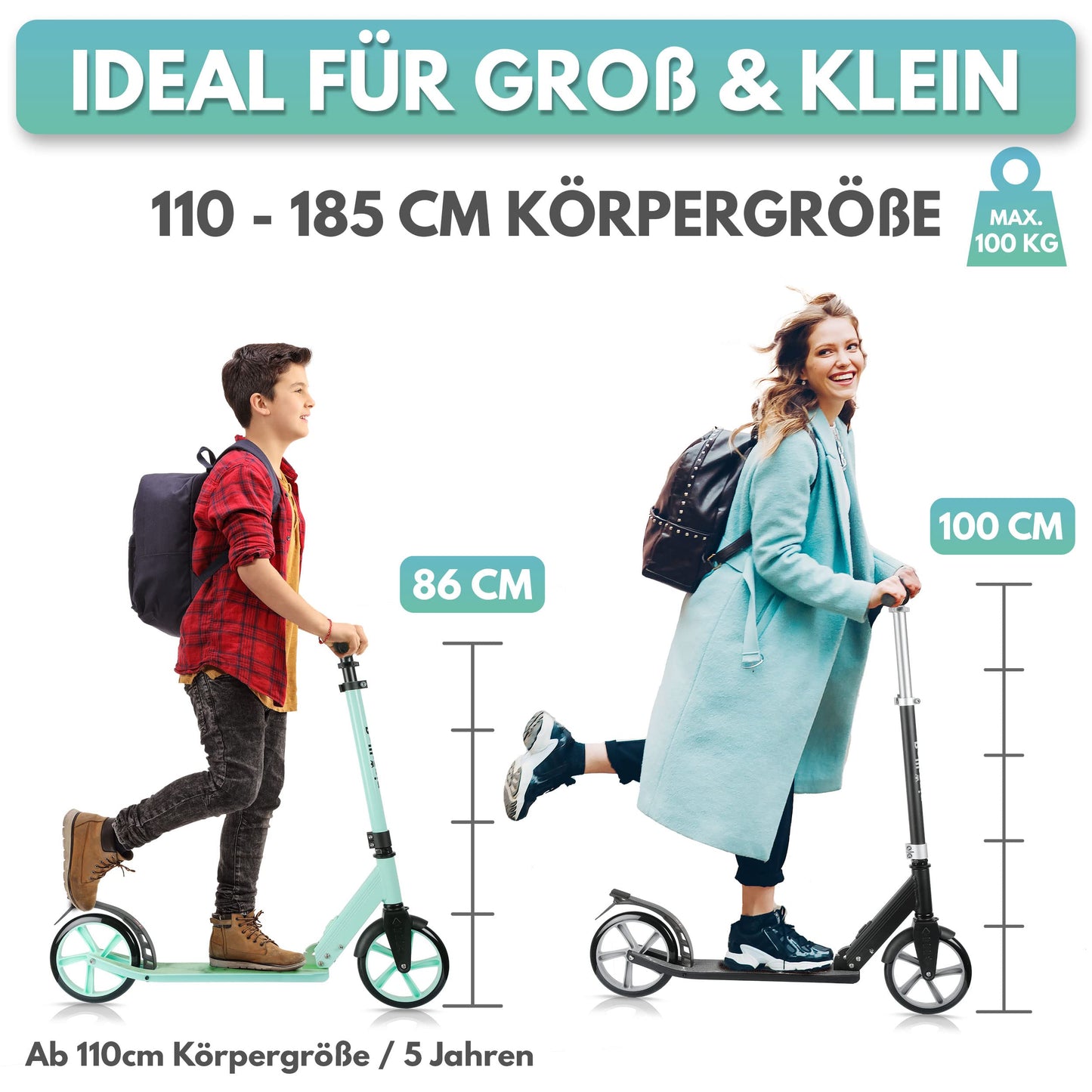 Rollking® Scooter for children aged 5 and up. The folding city scooter with big wheels. Kick scooter for adults with a weight capacity of up to 100kg (Black/Grey).
