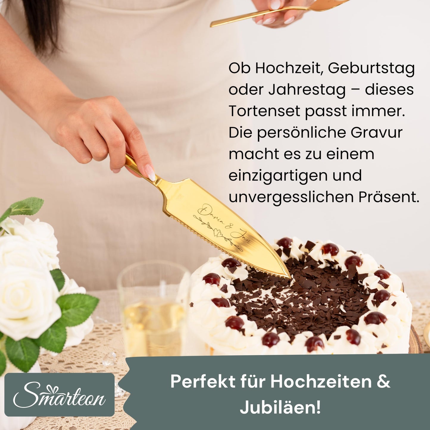 SMARTEON cake lifter including cake knife in set with personal engraving as a gift for wedding, anniversary, birthday - Wedding gifts for couples - Silver-colored set in gift box