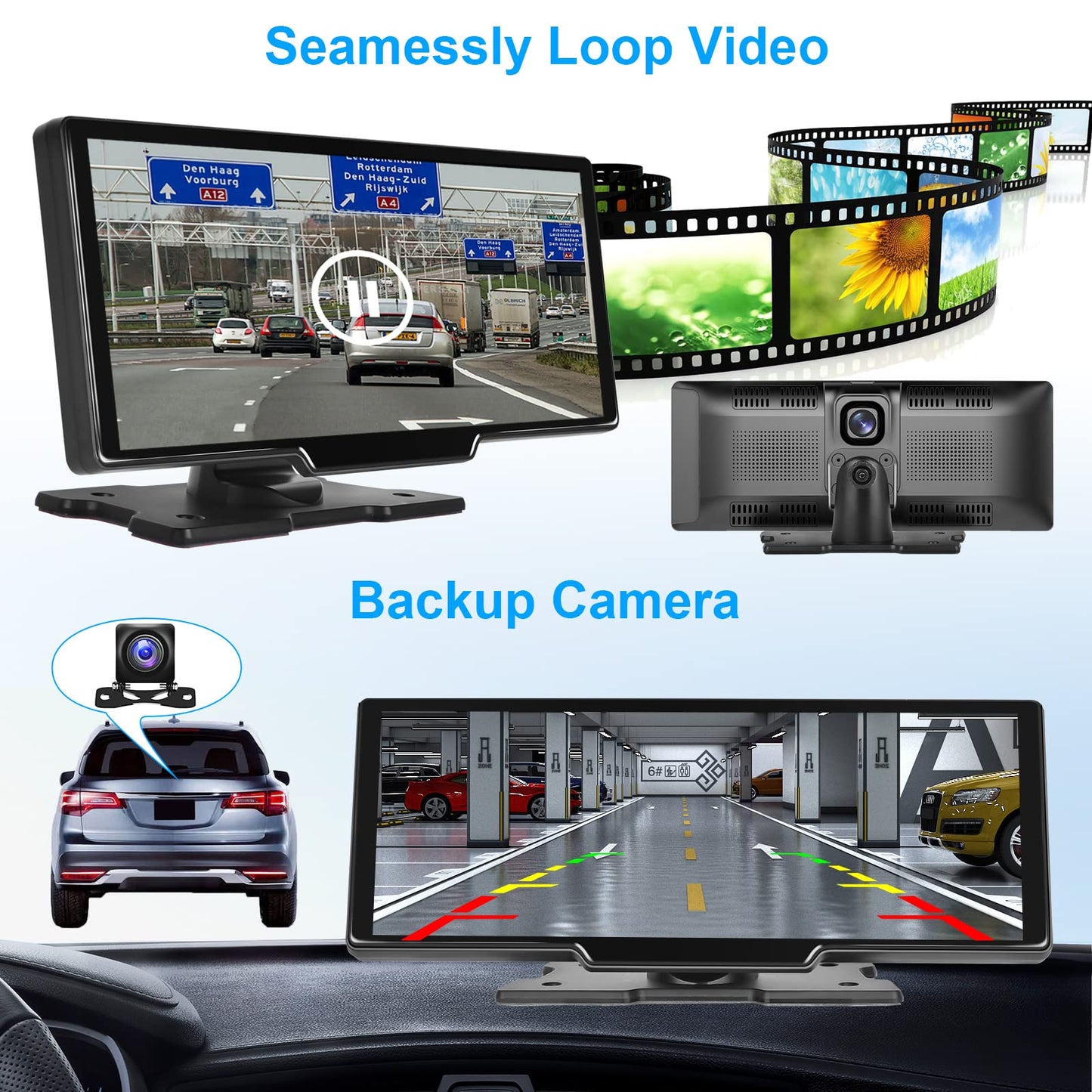 Podofo Wireless Apple Carplay Android Auto Portable Car Radio, 9.3-inch HD touchscreen car radio for cars/SUVs/vans/pickups and trucks, dash cam & rearview camera & 64G TF card.