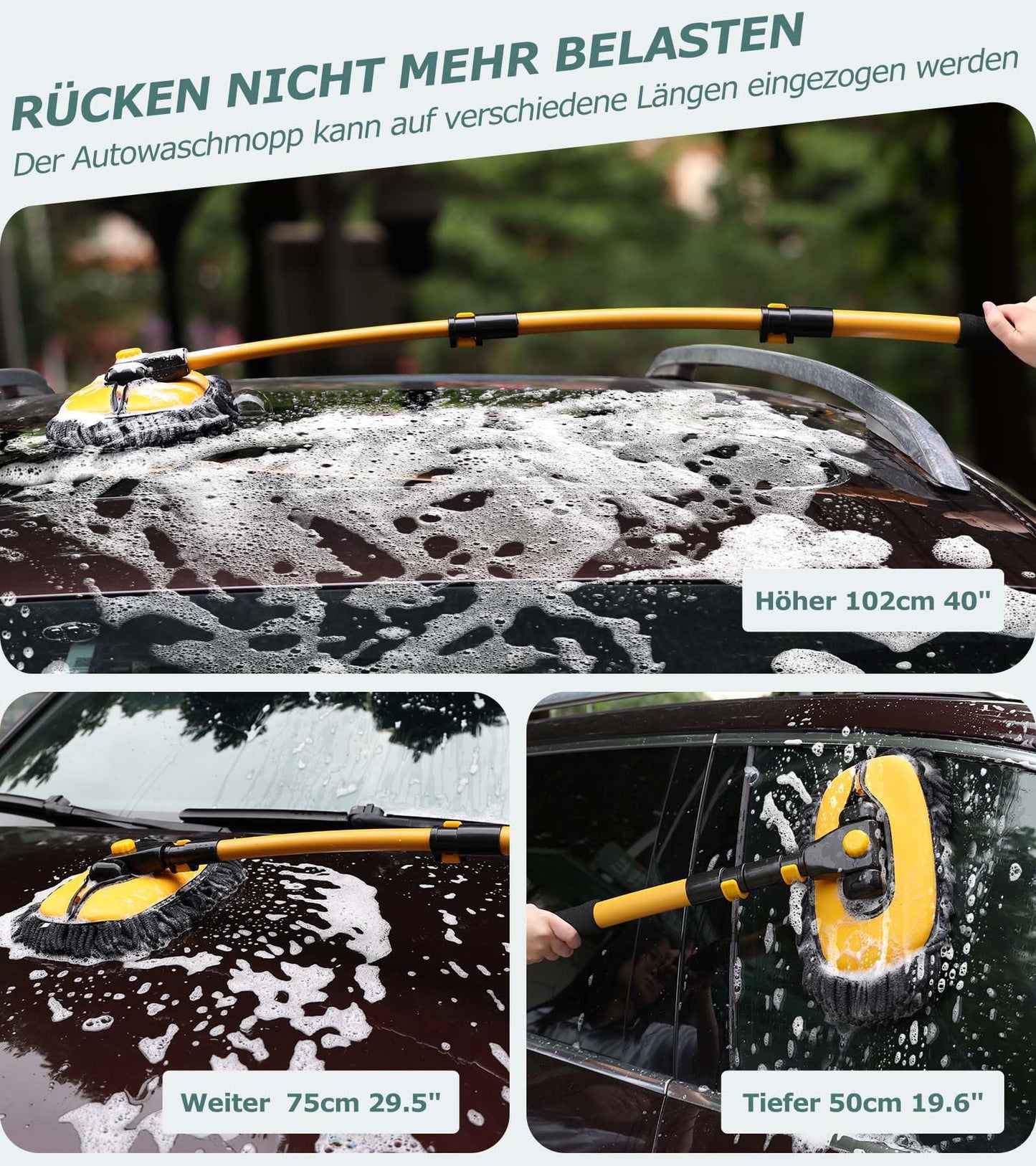 Innhom 15° Curve Car Wash Brush Telescopic Wash Brush, Wash brush with telescopic handle, Car wash brush with handle Long handle for cars, RV, SUV, truck, with 2 x mop heads (Yellow (Mop with 2 heads))