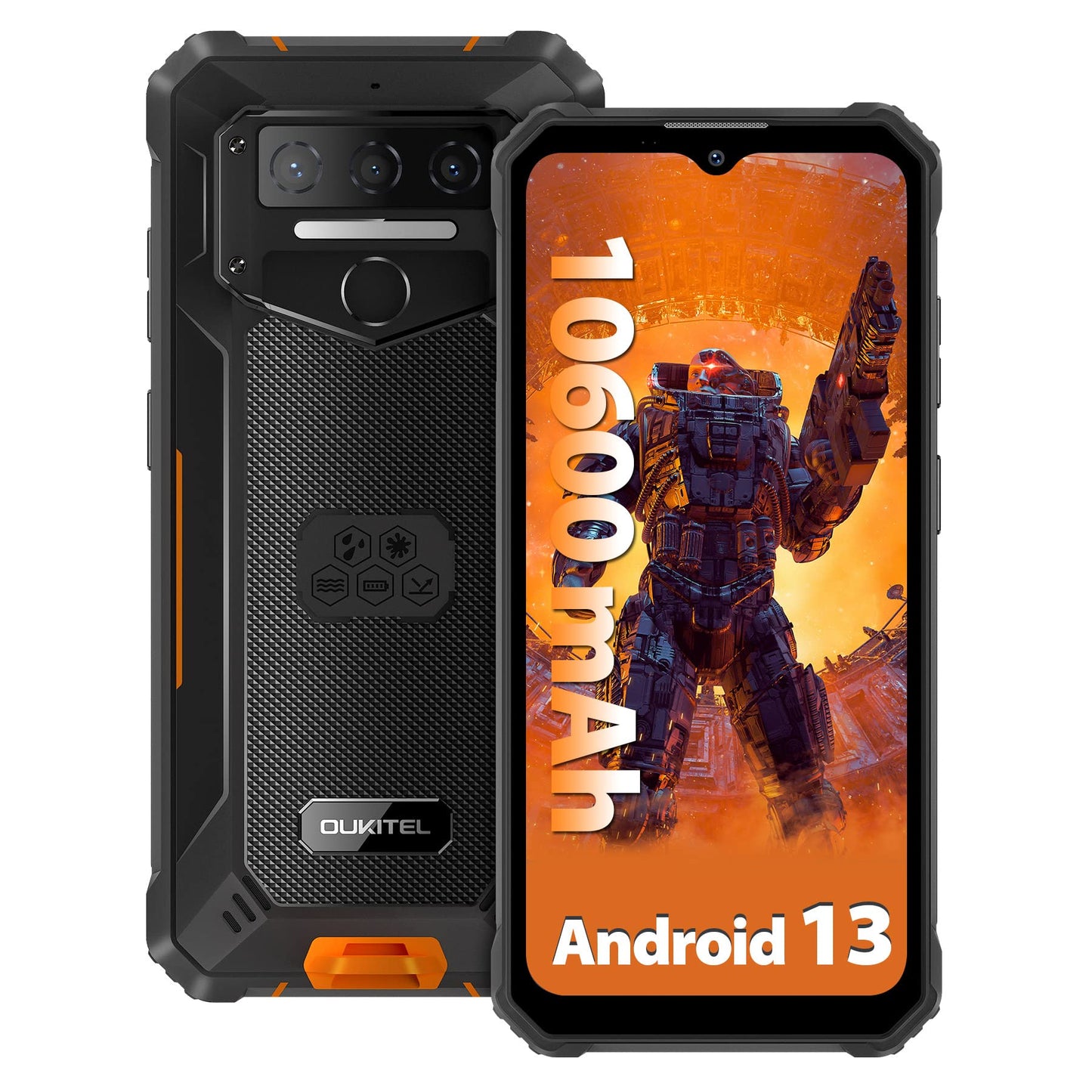OUKITEL WP23 Outdoor Smartphone Unlocked Android 13.0, 7GB+64GB Waterproof, 10600mAh, 6.5" HD+, 13MP+5MP Panorama Camera, Dual SIM 4G, NFC/Face ID/OTG/GPS/IP68, Orange