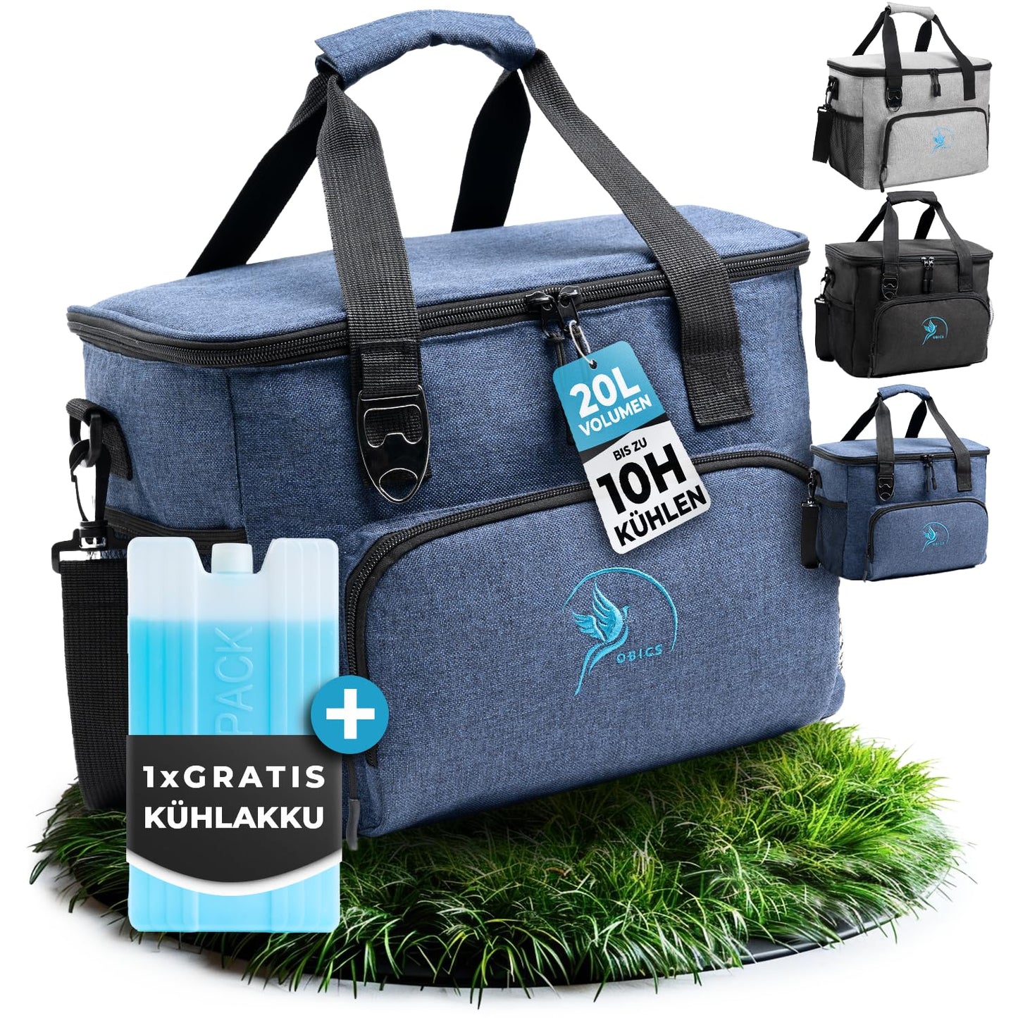 Obic's small 20l cooler bag with cool pack, foldable lunch box - thermal insulated picnic bag in blue for beach, work, car & lunch - insulated food bag for on the go.