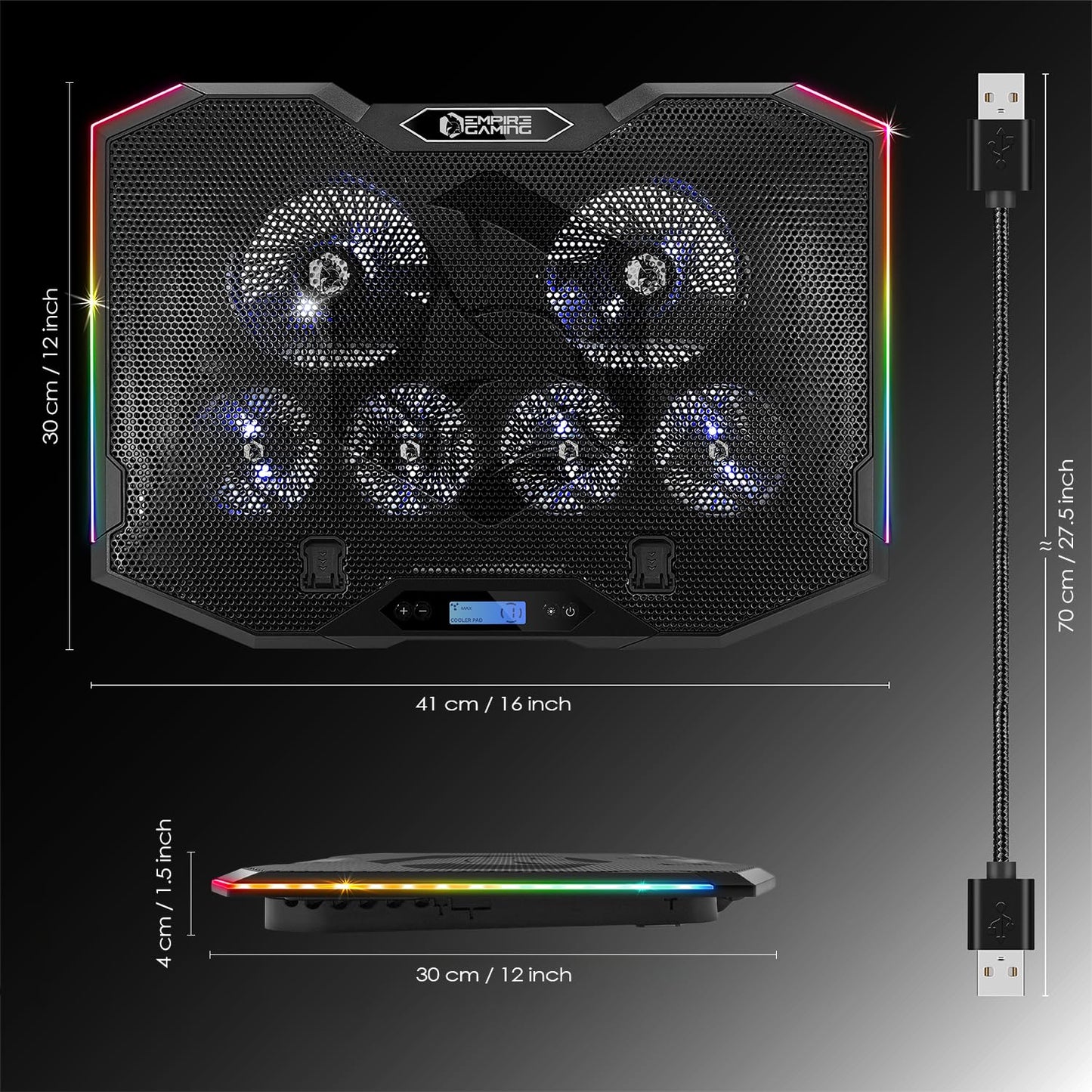 EMPIRE GAMING - Guardian S-C100 Laptop Cooler RGB Gamer - 6 Fans - LCD Controller - 5 Height Adjustments - Compatible for 12 to 17 Inches - Detachable Smartphone Holder, Air