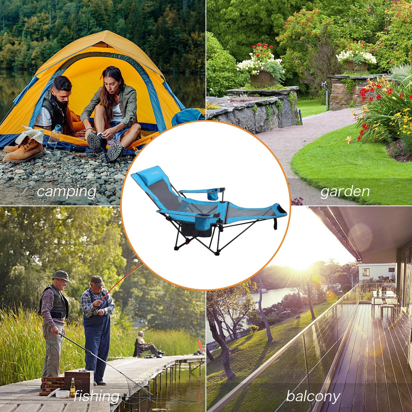 POEPORE camping chair with footrest 4-position adjustable beach chair recliner fishing chair adult camping chairs with cotton pad cushion drink holder armrest pockets Blue