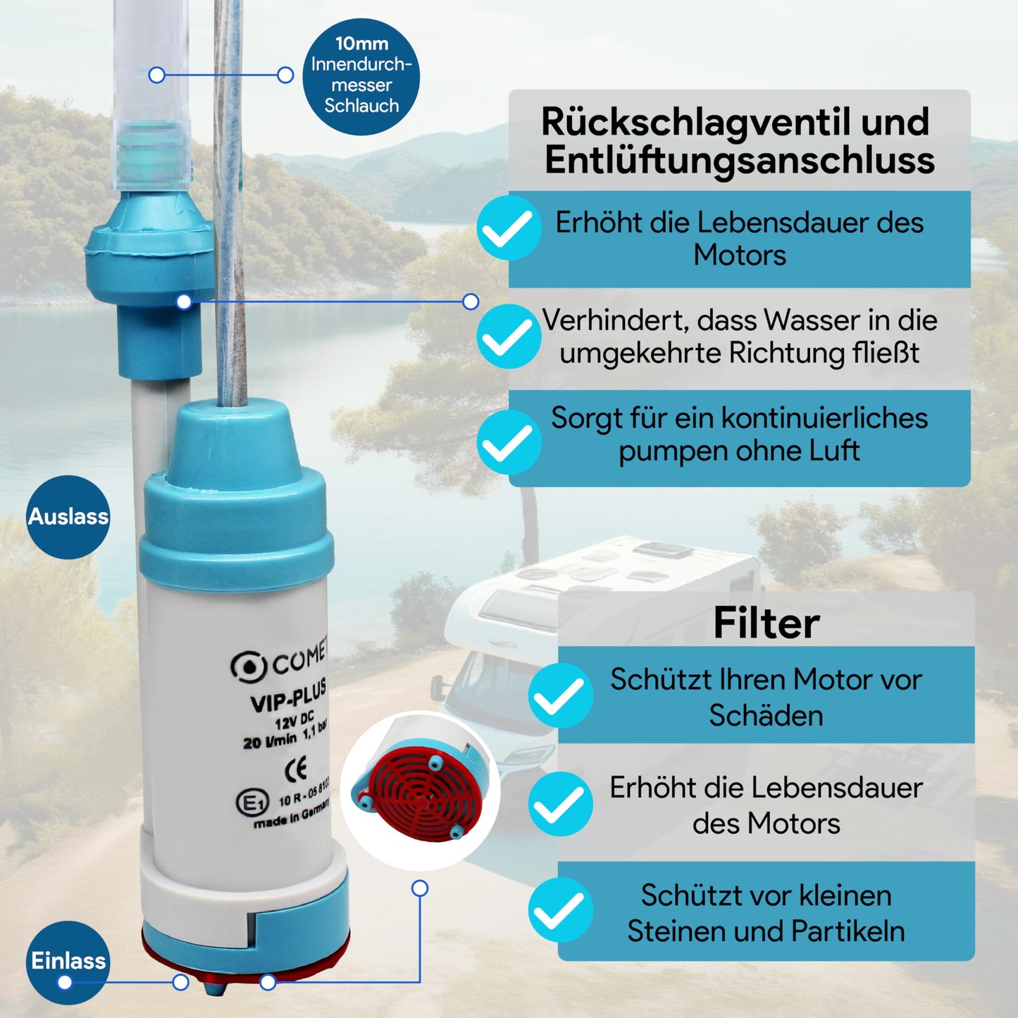 Comet VipPlus water pump with check valve (fixed) + filter with set camping eBook - for motorhome, caravan - submersible pump 12V