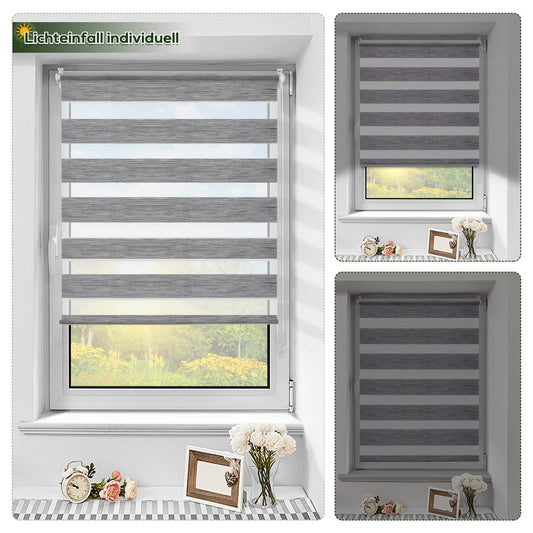 Double roller blind without drilling, duo roller blinds for windows & doors with drilling, Dark Grey W110 x H140cm (fabric width 106cm), window blind light-permeable & darkening, clamp roller sun protection