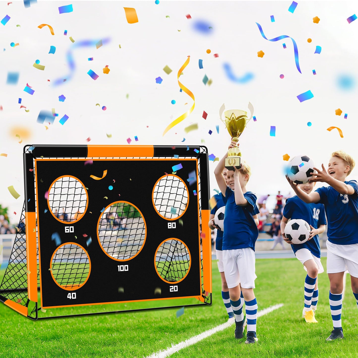 Gofady 2-in-1 Soccer Goal for Kids - Portable & Durable Soccer Goal with 5 Target Areas, Foldable Design, Carrying Bag, Garden, Park, Beach (Orange, 150 * 120 * 120cm)