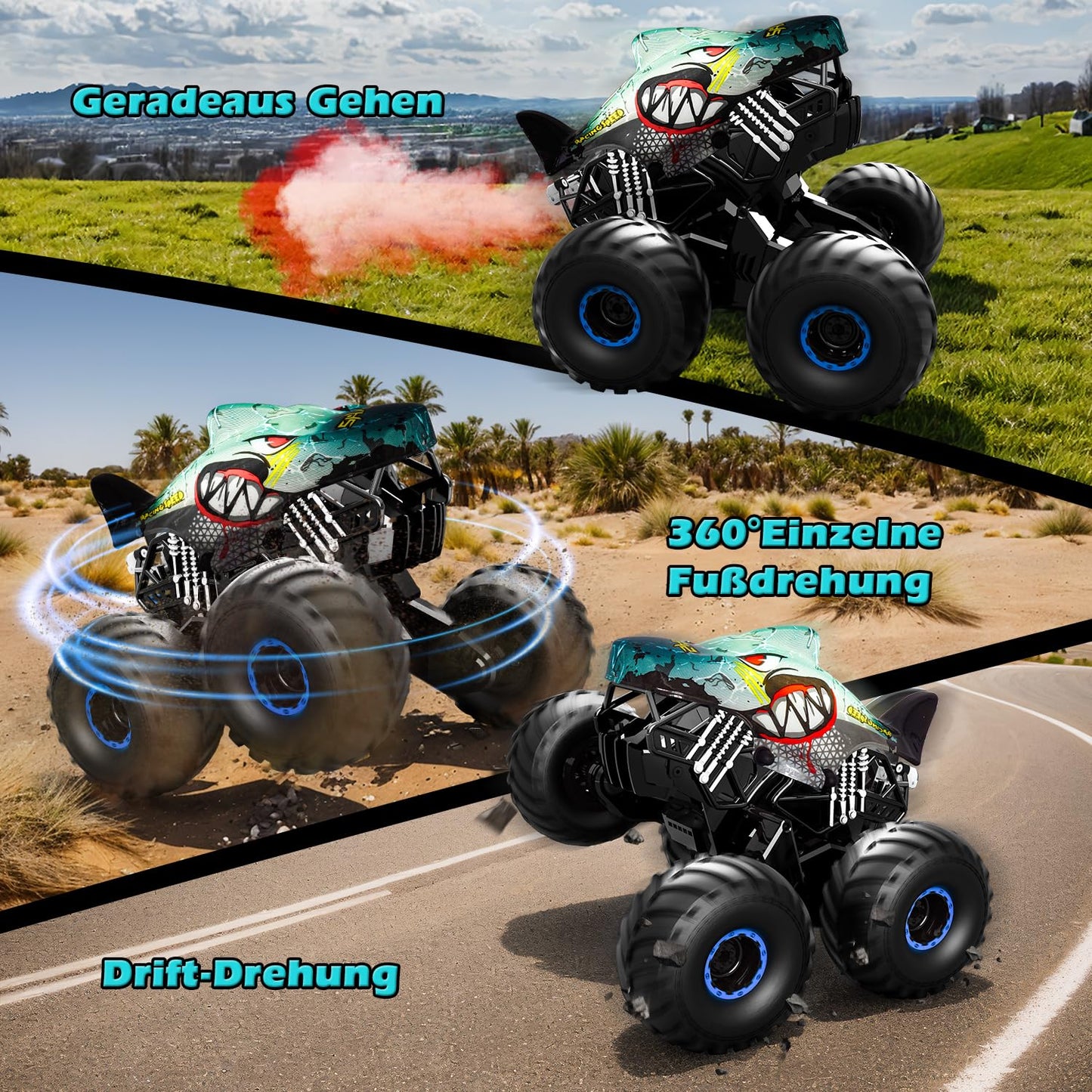 Remote control car, 1/16 monster truck with stomp and 360° rotation, Shark monster truck remote controlled with spray, lights, music, 15KM/H RC monster truck with 40MIN playtime, gift for 3 6 8 10 year old boys.