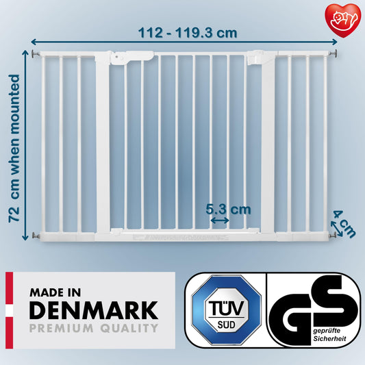 BabyDan Premier, extra wide pressure mounted stair gate, 112-119.3 cm, door gate/barrier/baby gate/safety gate, metal, white, Made in Denmark (dog gate)
