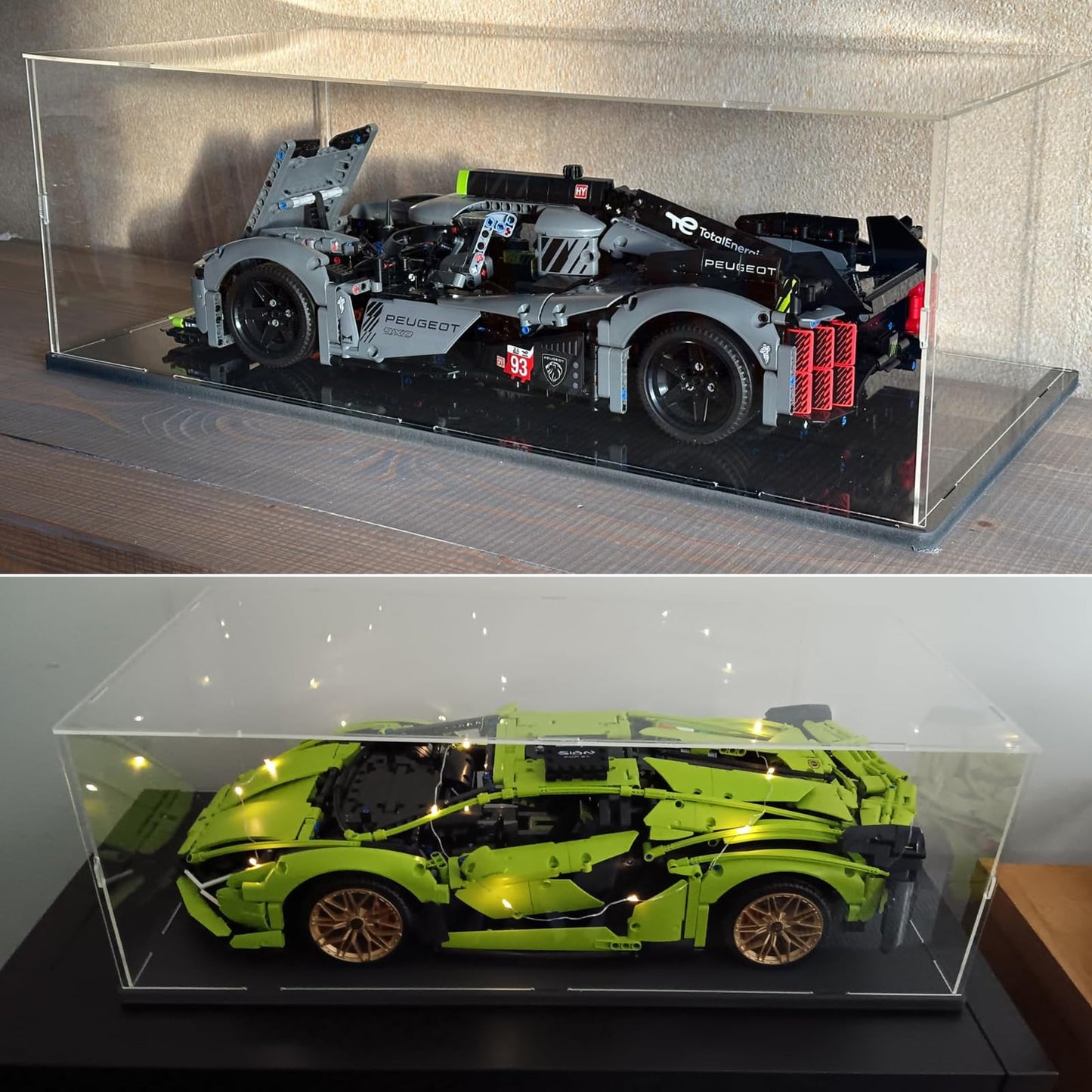 Acrylic display case for Lego 42172 McLaren P1 42143 42096 42156 42115 model cars collectibles, glass showcase acrylic box clear large with wood-plastic base & lights, black interior 60x30x20cm
