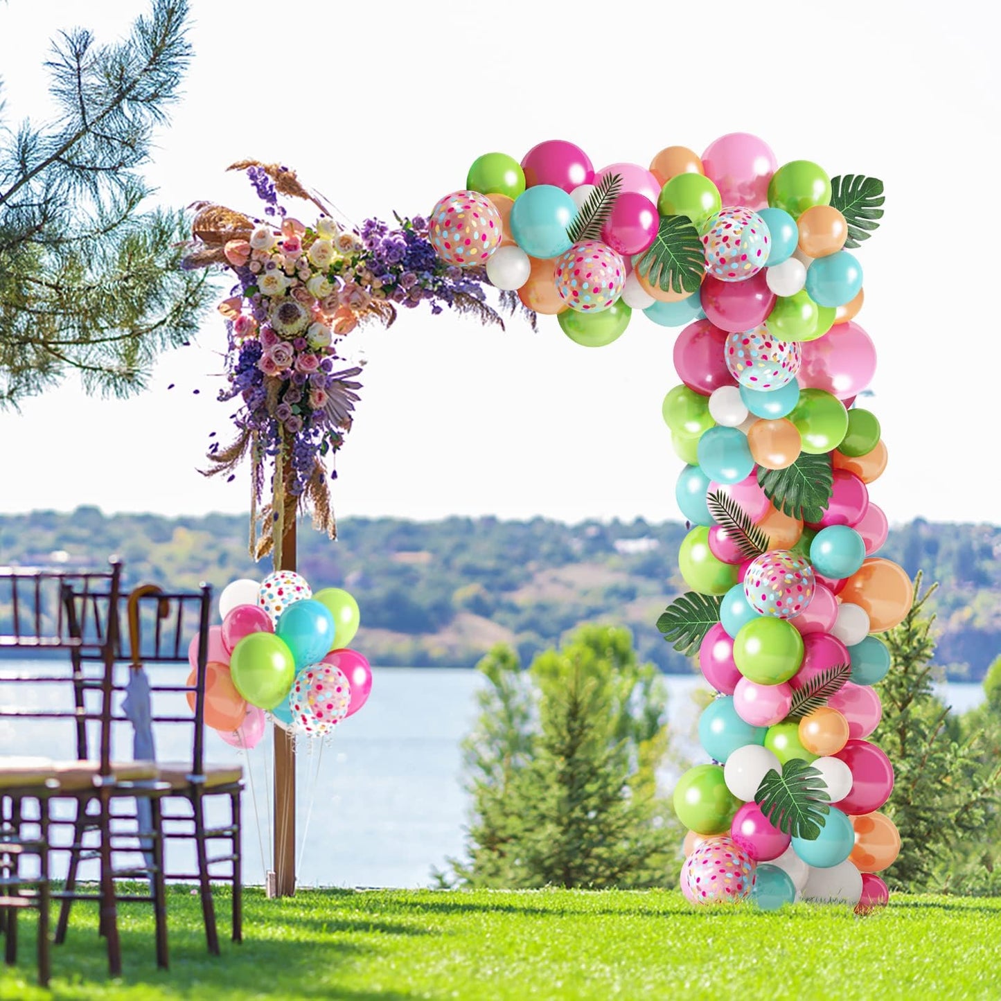 140 Piece Tropical Balloons Garland, Hawaiian Tropical Balloon Garland with Flamingo, Palm, Leaf, Latex Balloons for Summer Party.