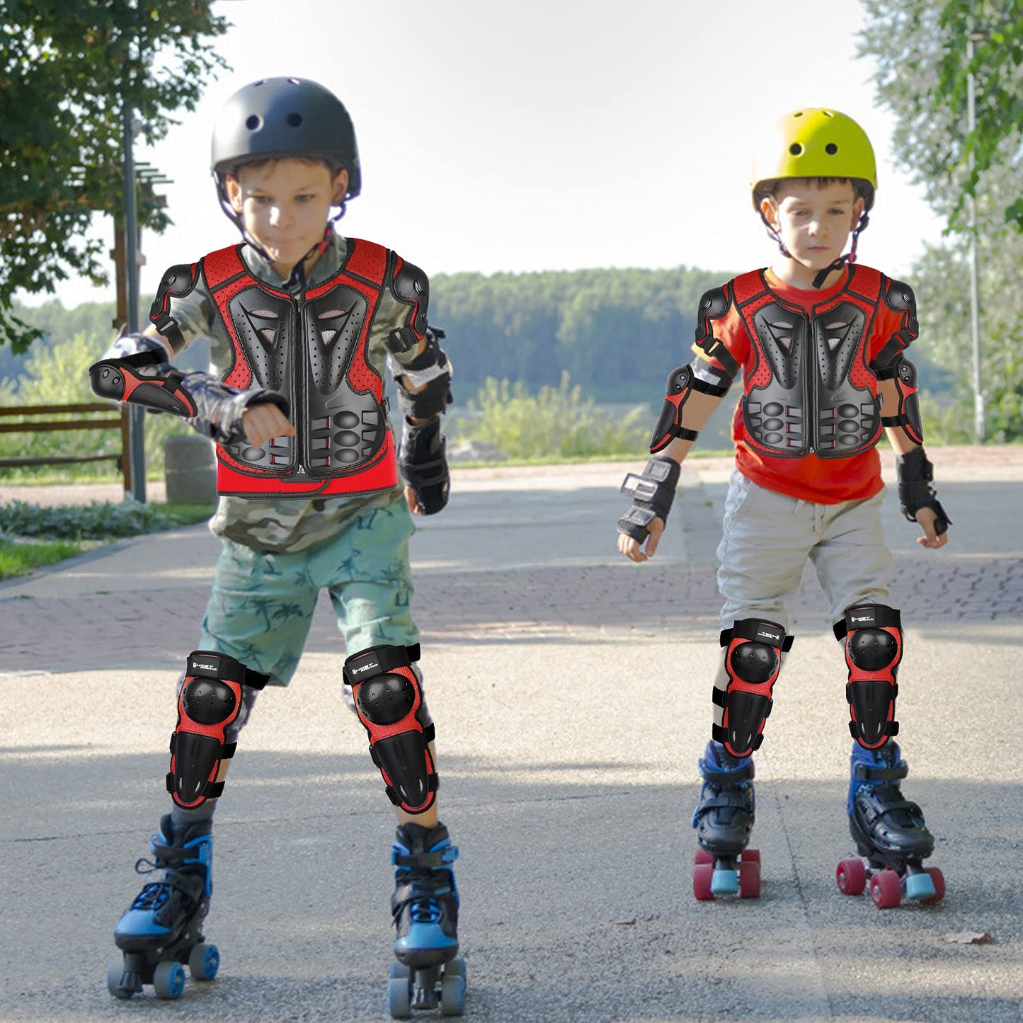 JUSTDOLIFE Motorcycle Protective Jacket, Kids Motorcycle Armor with Knee Pads Elbow Pads Chest Protector Racing for Outdoor Sports - 4/6/8/10/12/14 Years (Red)