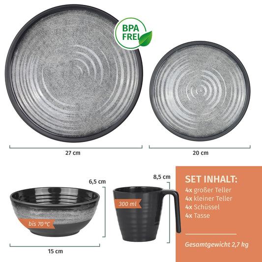 Melamine Camping Tableware Set for 4 Persons in Stone Grey Color, including 4 Stone Coffee Cups. Ideal for picnics, BBQs, and outdoor cooking.