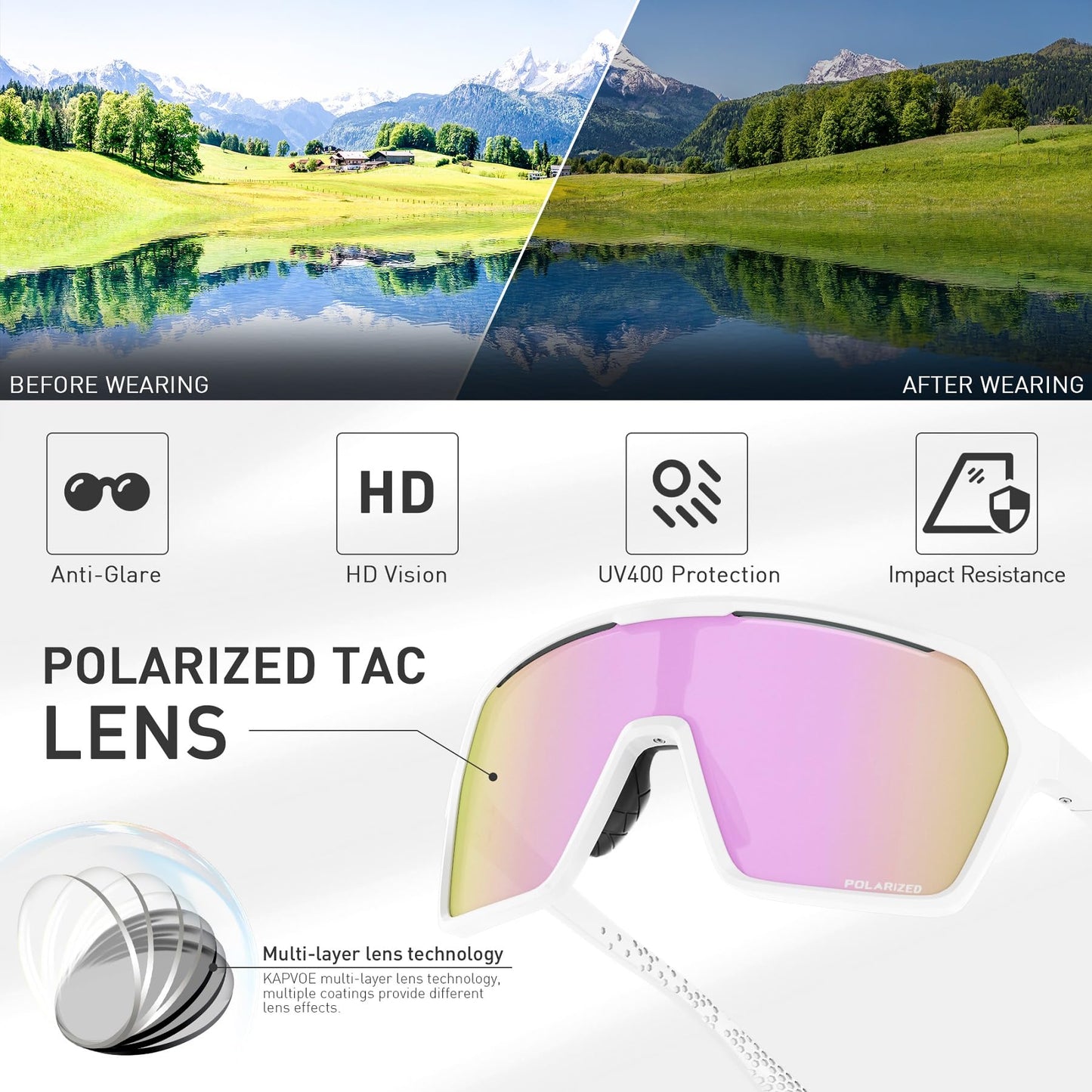 KAPVOE Cycling Sunglasses Men Women Polarized Sports Baseball MTB Road Bike Eyewear - K335