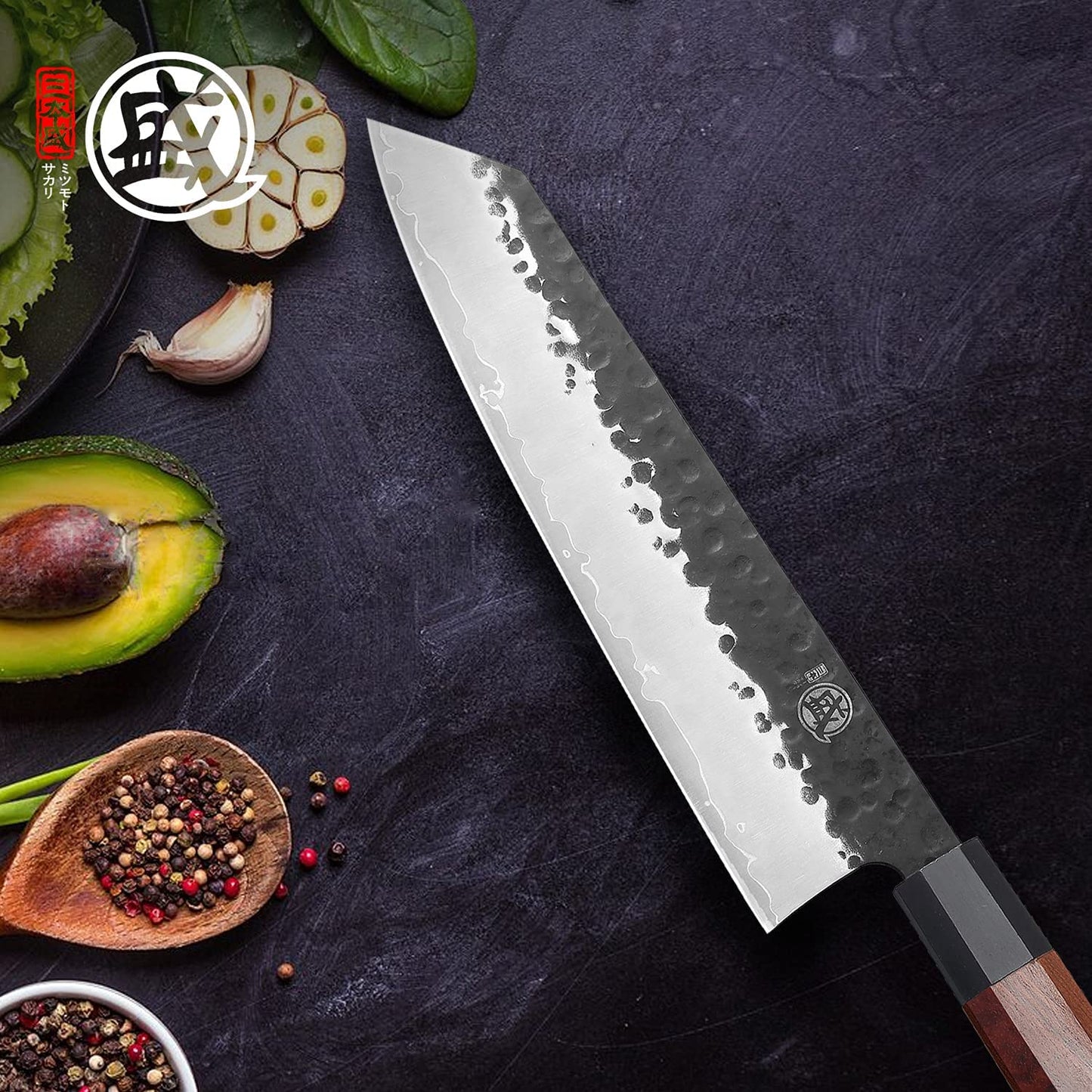 MITSUMOTO SAKARI 23 cm Japanese chef's knife, Kiritsuke kitchen knife Professional steel with high carbon content, Hand-forged meat knife (Rosewood handle & Boutique wooden box)