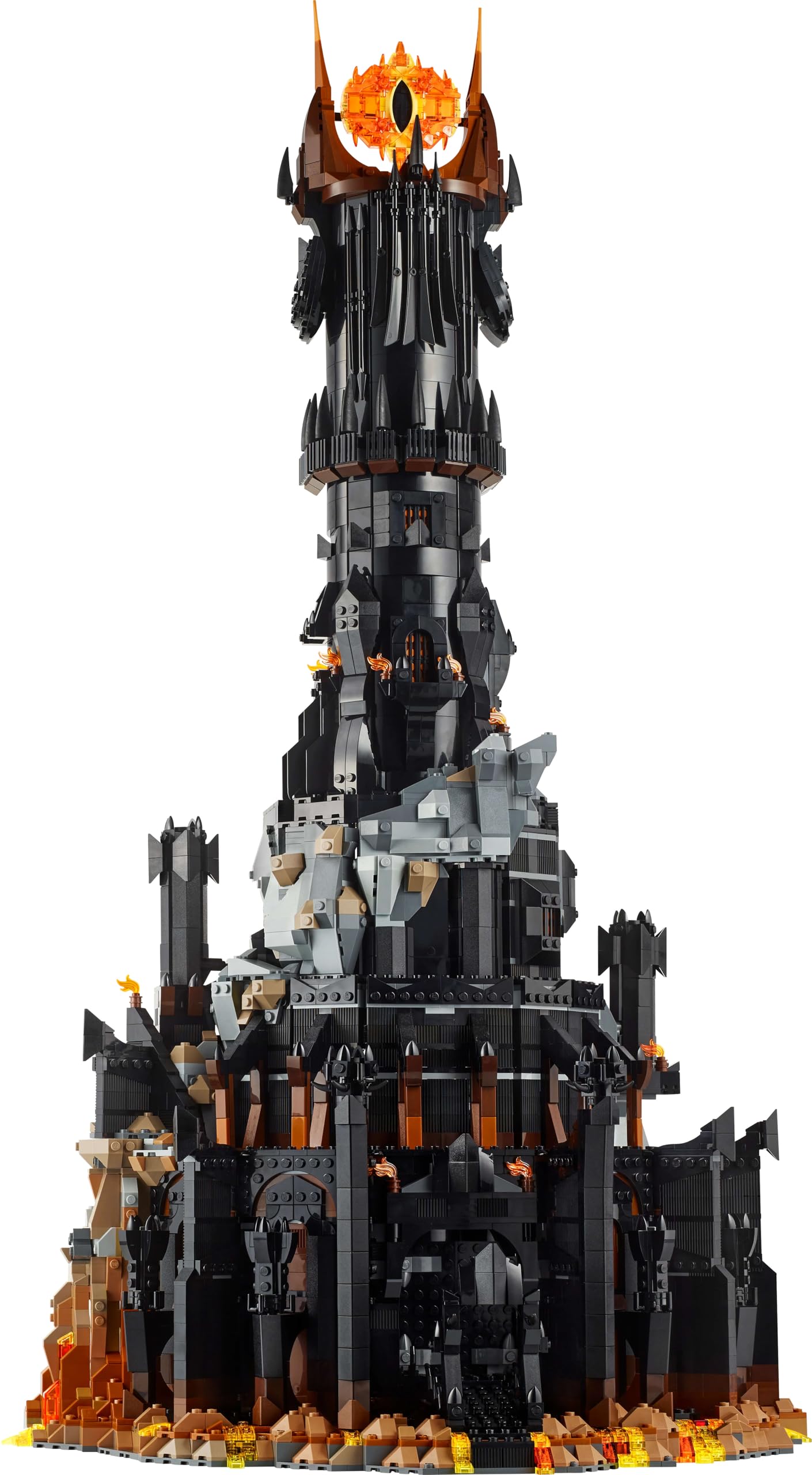 LEGO Icons The Lord of the Rings: Barad-dûr, adult building set featuring minifigures Sauron, Gothmog, Orc, Frodo, Sam, and Gollum. A film collectible and fan favorite. Item 10333.