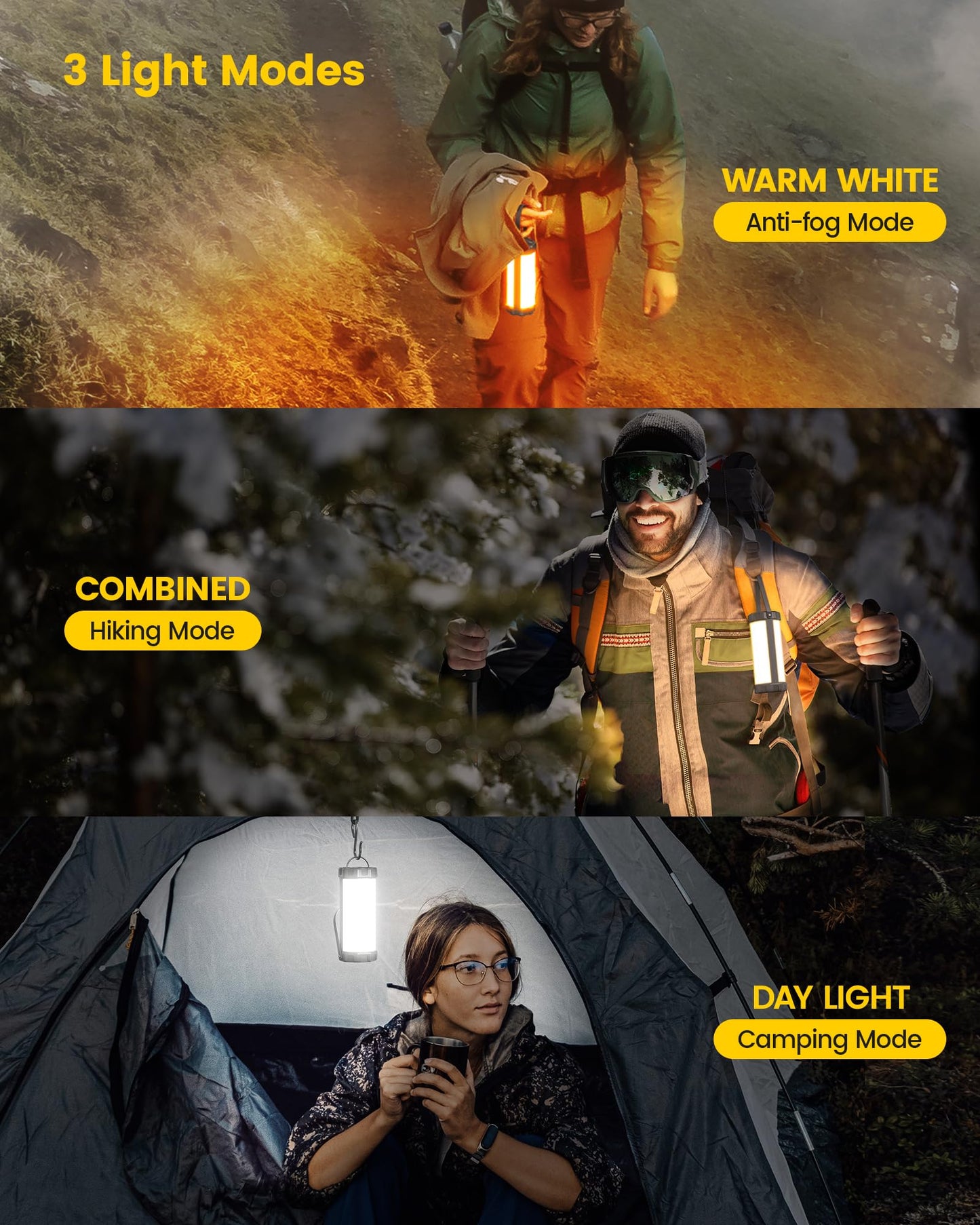 Glocusent Camping Lantern & Tent Light: Compact 1200lm camping light with rubber corner protection & keychain, 5 brightness levels, 3 modes + SOS, IP68 waterproof, 80h runtime, ideal for blackout, hiking.