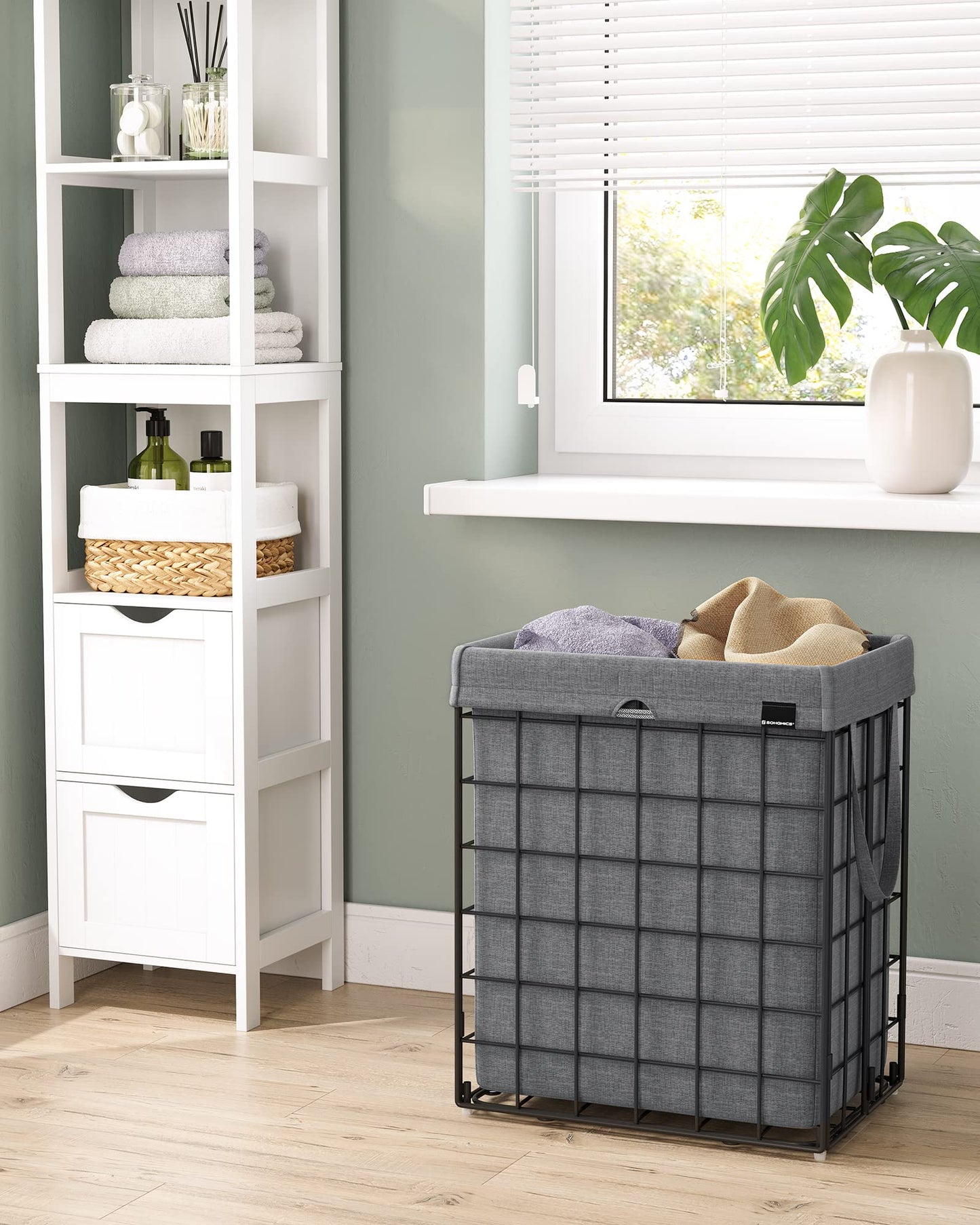 SONGMICS 90L Laundry Basket, foldable laundry hamper, detachable and washable laundry bag, metal wire frame, for bedroom, bathroom, laundry room, black-grey LCB190G01